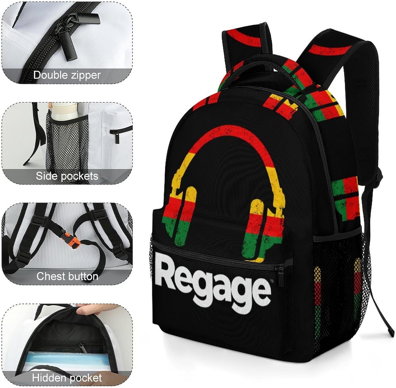 Reggae Music Jamaica Rasta Laptop Backpack Travel Casual Daypack image 5