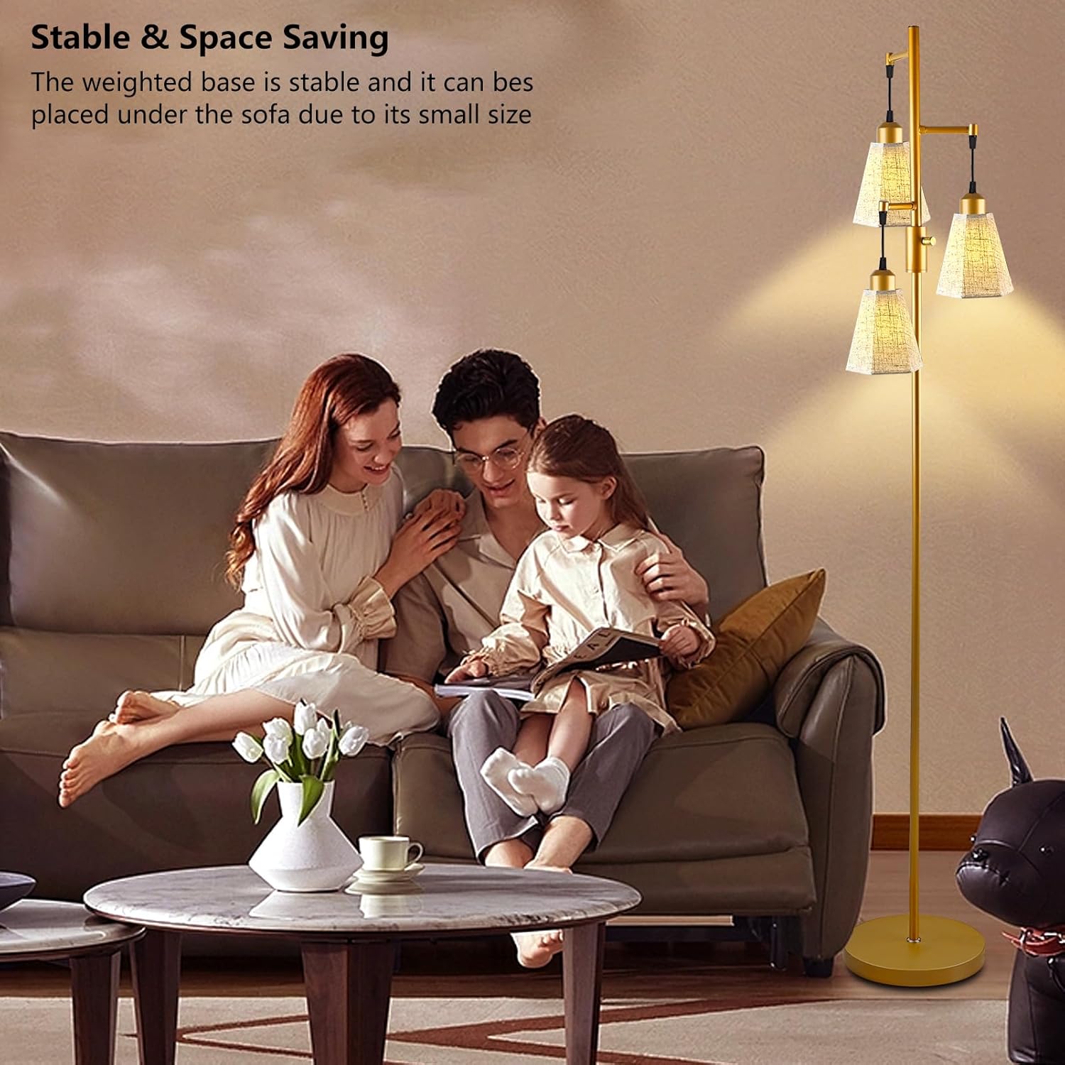 Lightdot 68IN Dimmable Floor Lamp for Living Room, Industrial 3-Light Tree Floor Lamps with LED E26 Bulbs Included, Mid Century Floor Lamp with Fabric Patterned Lampshades for Bedroom HOM Office-Gold