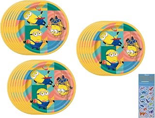 Despicable Me Birthday Party Supplies Bundle Pack includes 24 Dessert Cake Paper Plates and 1 Dinosaur Sticker Sheet
