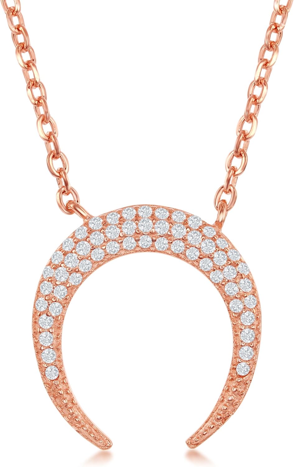 Sterling Silver or Rose Tone High Polish Micro Pave Cubic Zirconia Crescent Moon Horn 16+2" Necklace