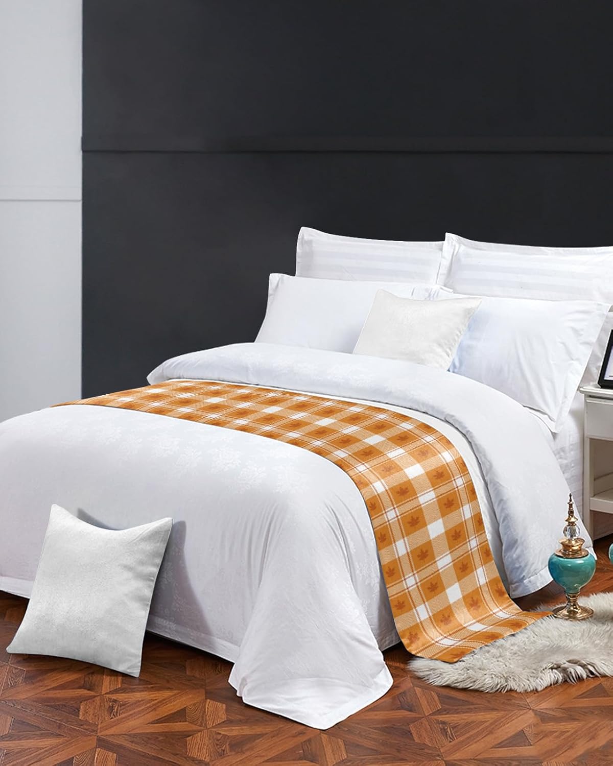 Teamery Bed Runners & Scarves, Thanksgiving Orange Lattice with Maple Leaf Bed Runner, Bed Scarf Protector Decorative Accent Bedding Scarf for Hotels Homes and Guestrooms, 102 x 20 inches