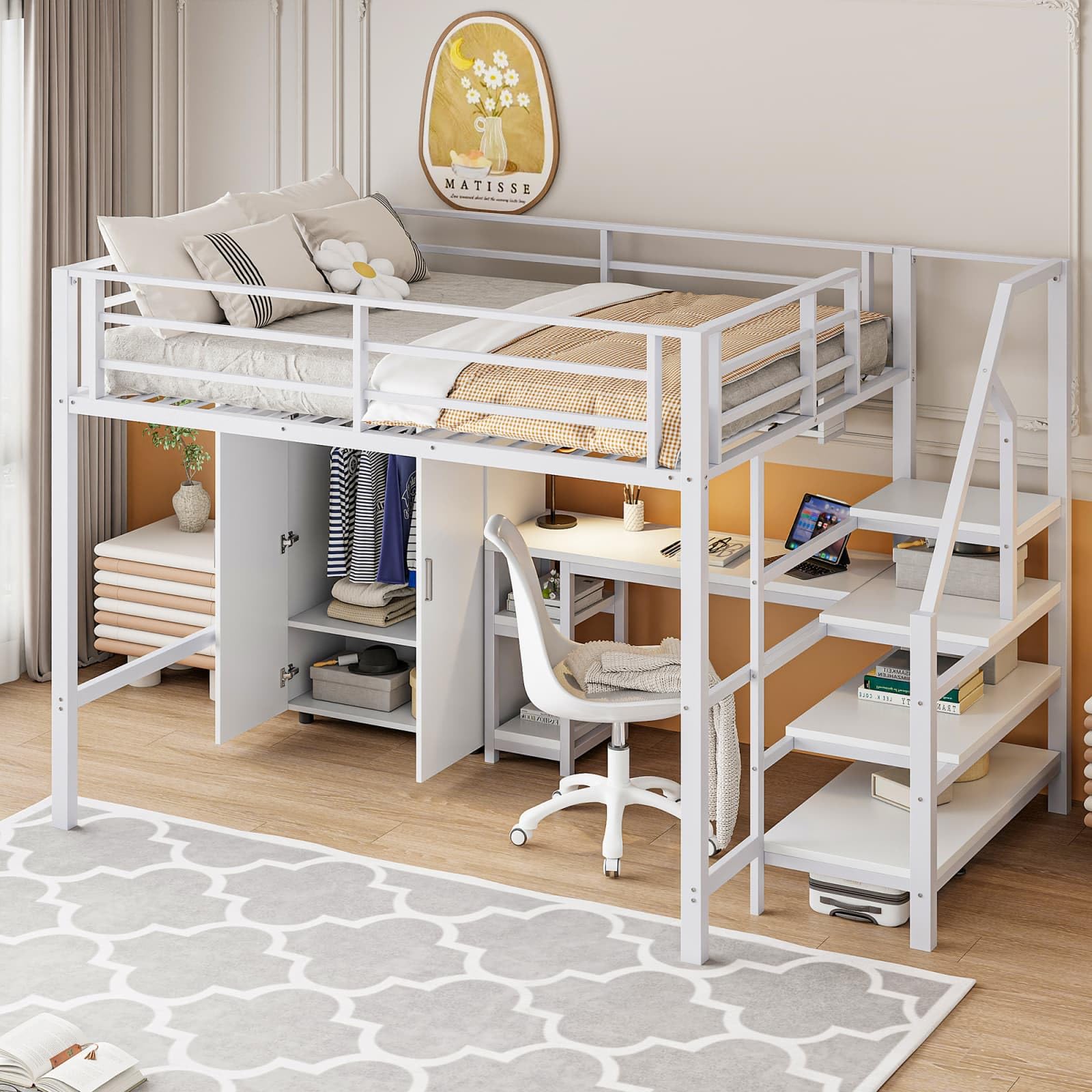 KOMHTOM 140x200cm Multifonctionnel Lit Superposé avec Armoire et étagère, Lit Surélevé avec échelle de Rangement et Bureau(sans Matelas) (Blanc)