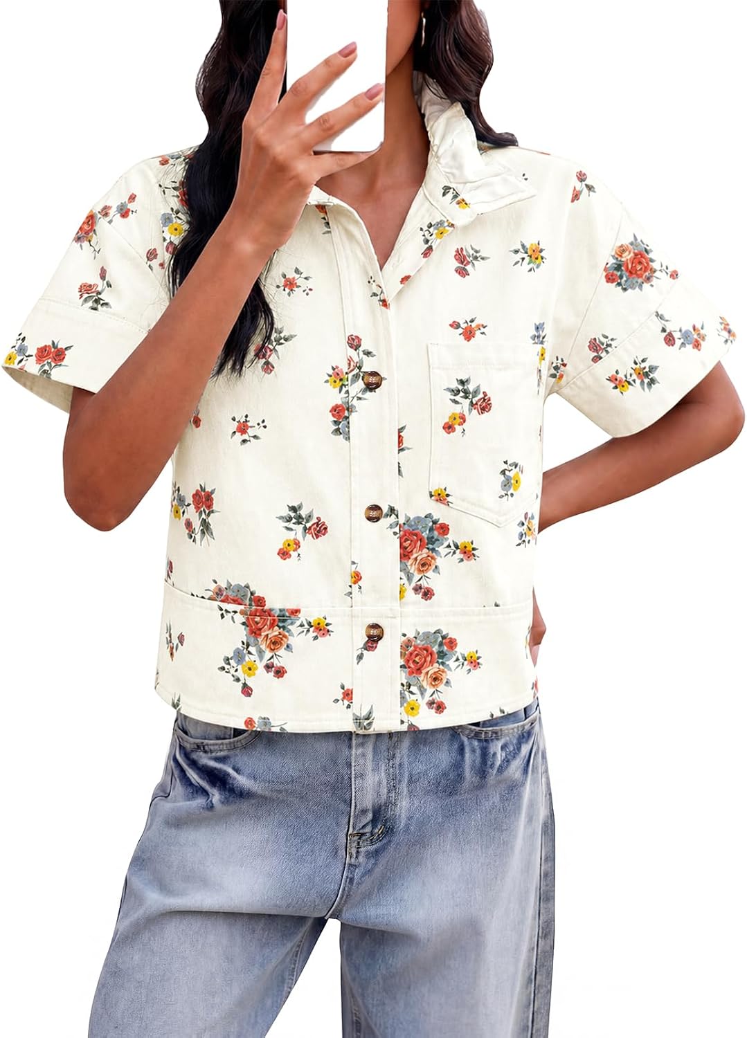 Tankaneo Womens Polka Dot Button Down Denim Shirts Summer Short Sleeve Cropped Tops Dressy Casual Loose Fit Blouses