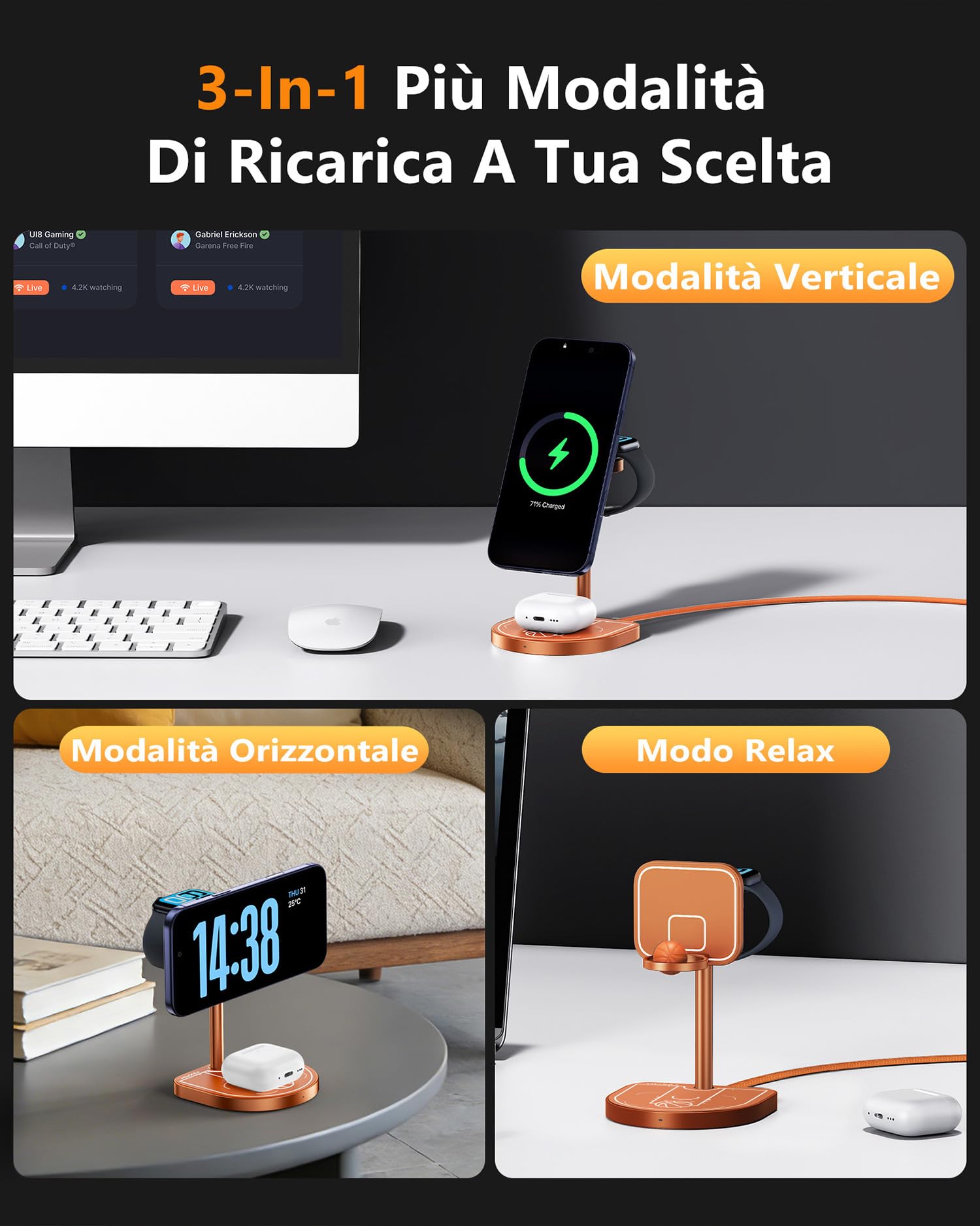 KUXIU X85 Turbo Qi2.2 25W Caricatore Wireless Magnetico 3 in 1, Stazione di Ricarica per iPhone 17-12/Apple Watch/Airpods, Design a Tema Pallacanestro in Lega di Alluminio, con 45W Adapter, Arancione
