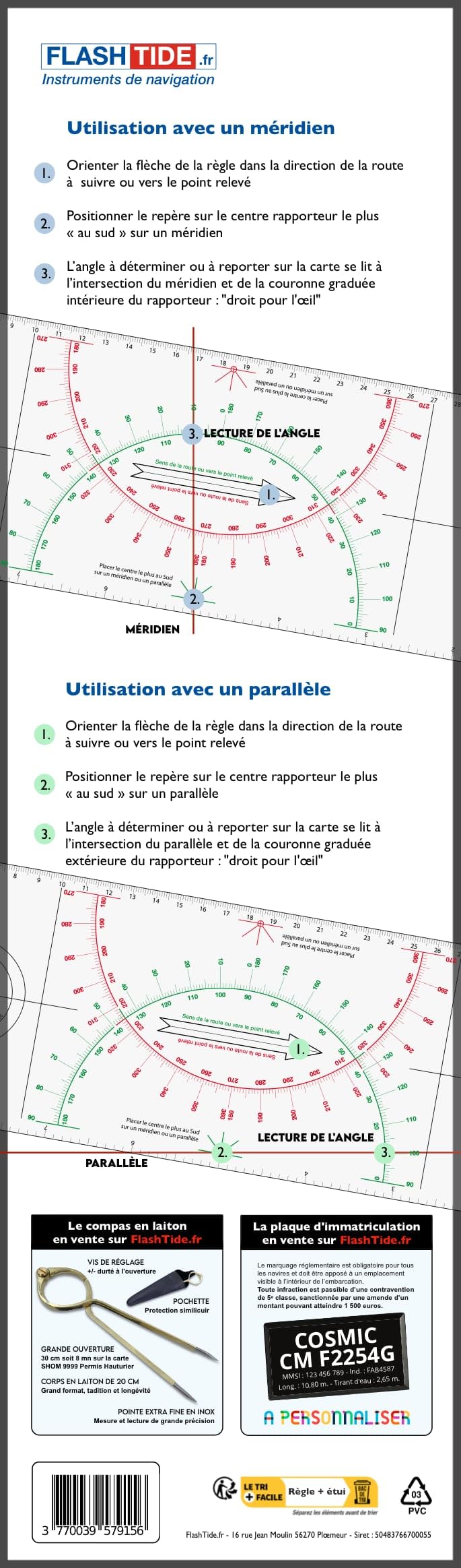 Pack permis Plaisance hauturier Complet - Règle Cras Bicolore + Compas Laiton + Carte SHOM 9999 + Pochette de Rangement Cartes Marines - Kit Officiel pour Candidat au Permis Mer Hauturier