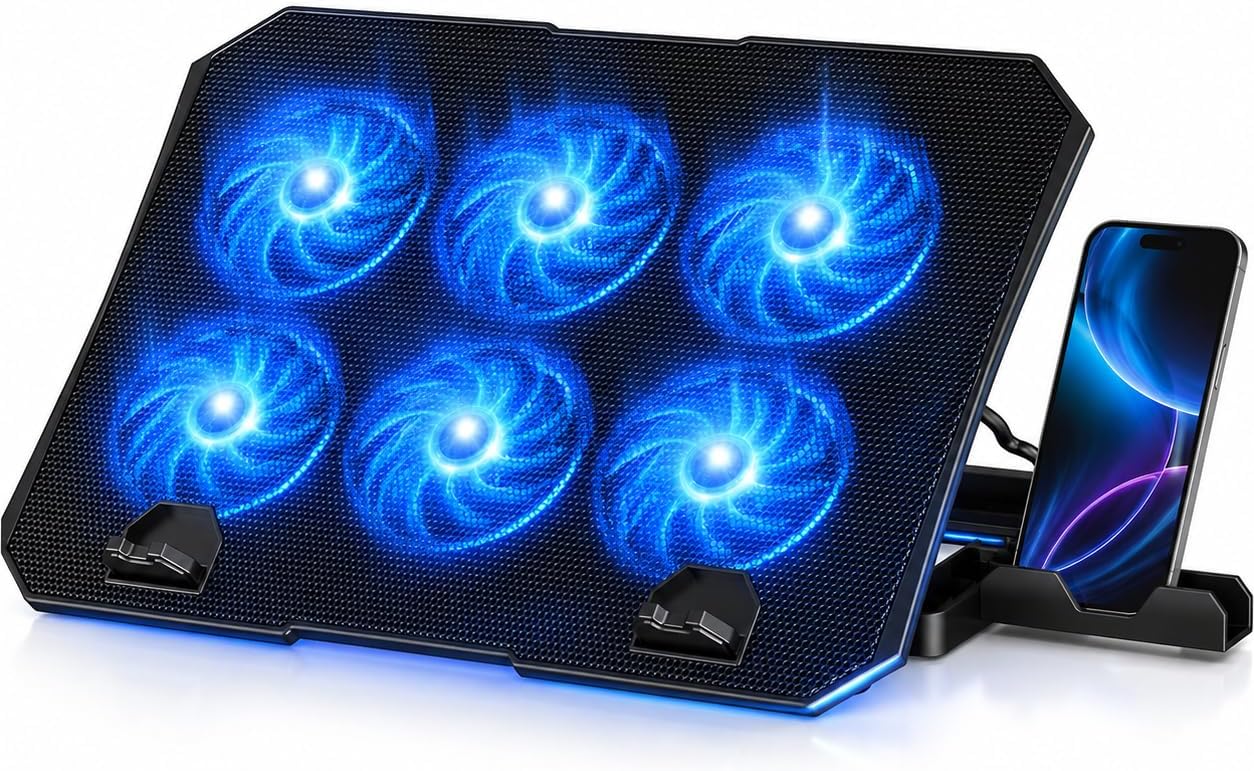 Laptop Cooling Pad, 6 Fans, 4-Level Stand, Dual USB for 12-17 Inch Laptops