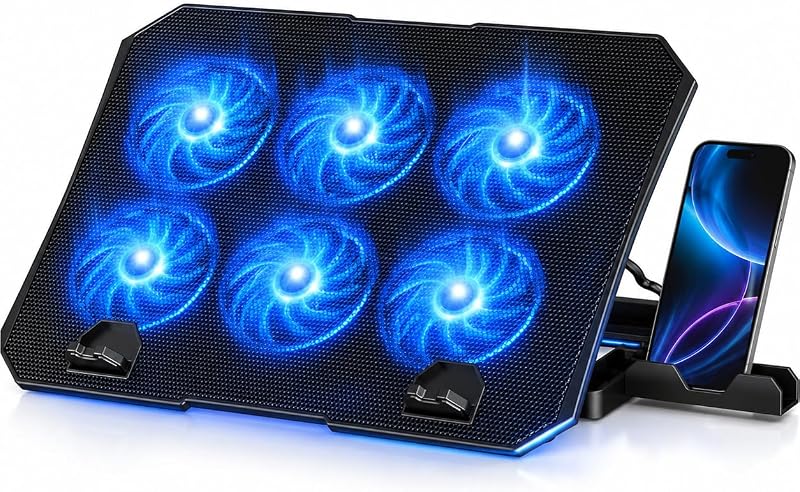 Almohadilla de refrigeración para computadora portátil, 6 ventiladores, soporte de 4 niveles, USB dual para computadoras portátiles de 12 a 17 pulgadas | Enfriador de soporte para ventilador de computadora portátil, almohadilla de enfriamiento para computadora portátil, soporte para teléfono, puertos USB duales para oficinas en el hogar, estudio y trabajo