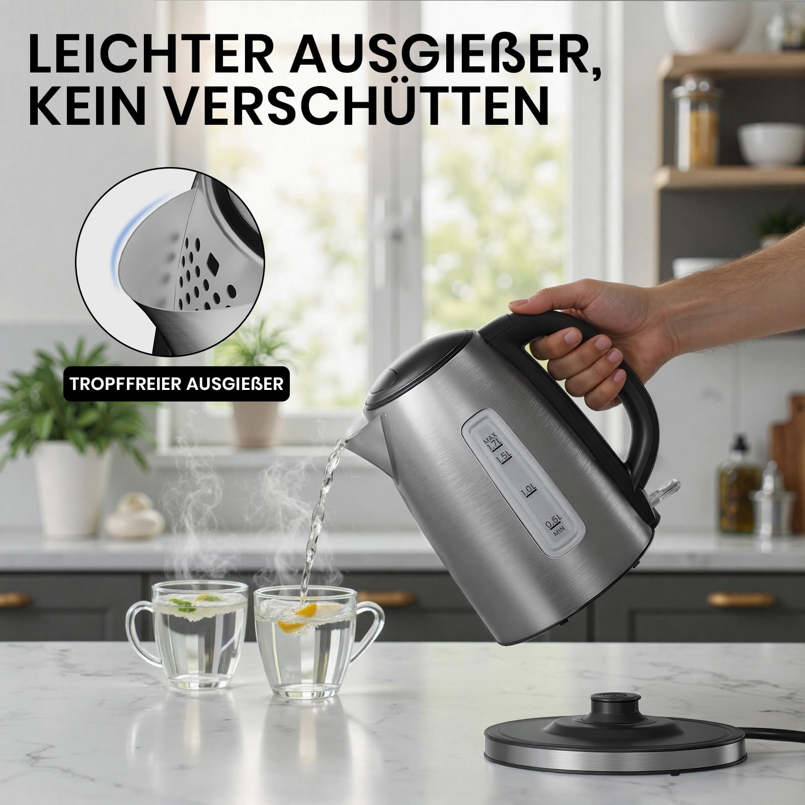 Hervidor de agua eléctrico de acero inoxidable 1,7 L 2200W con control Strix función de ebullición rápida tapa automática filtro extraíble con indicador de temperatura
