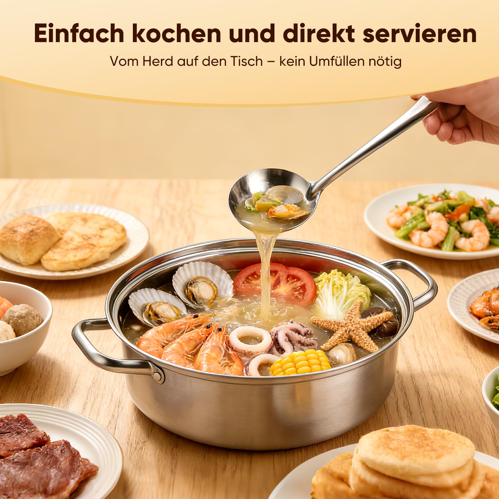 Patelnia do duszenia ze stali nierdzewnej, wysoka stal nierdzewna, niepowlekana i bez PTFE/PFOA, patelnia do wszystkich rodzajów kuchenek, patelnia do serwowania, zachowuje smak, odporna na