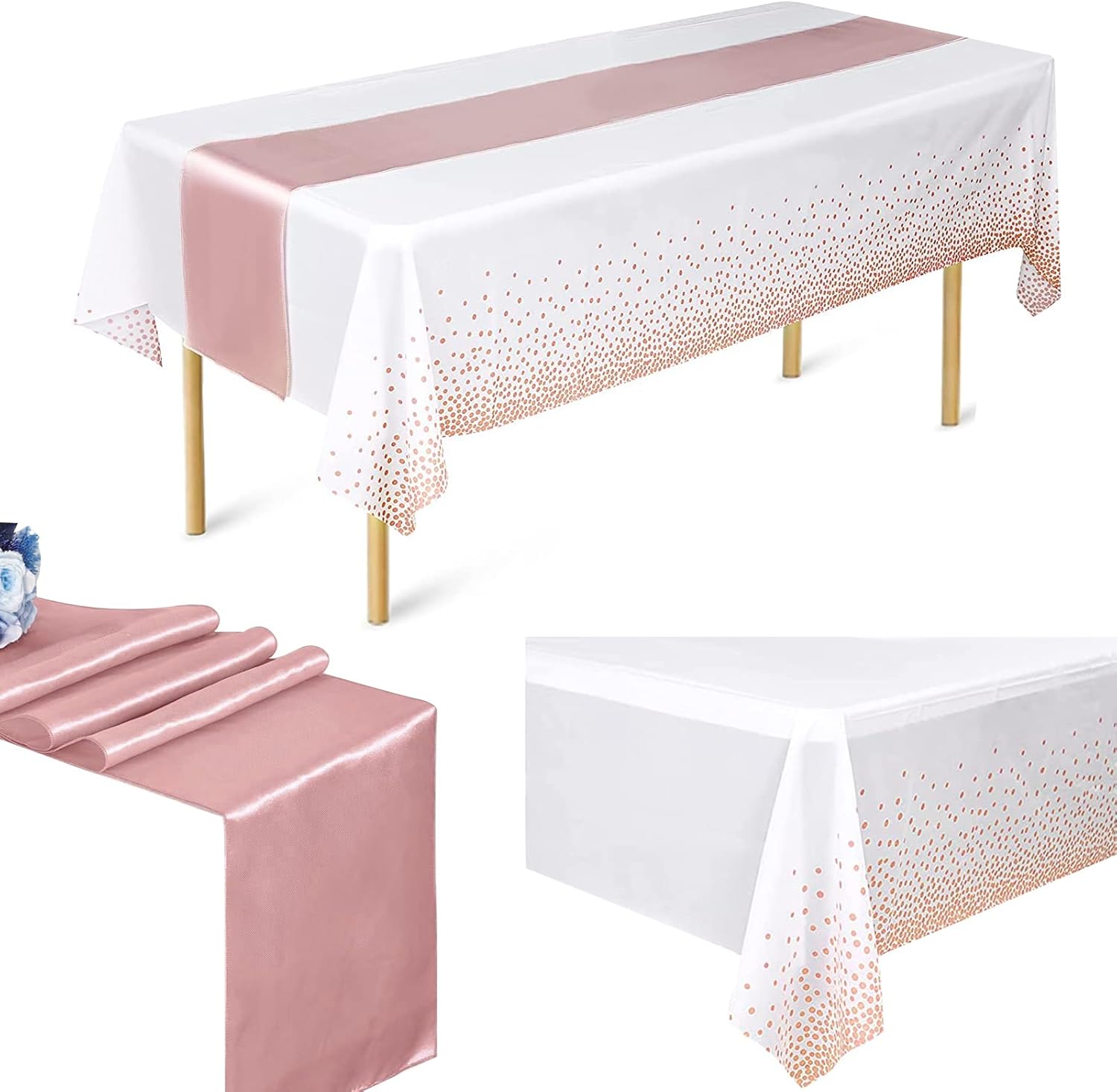 2 Pcs Disposable Tablecloths Rose Gold Dot Table Cloth And Runner Set