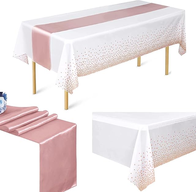 2 Pcs Disposable Tablecloths Rose Gold Dot Table Cloth And Runner Set Disposable Wedding Tablecloths Rectangular Confetti Table Cloth Waterproof Table Cover Plastic For Kids Childern Birthday Parties
