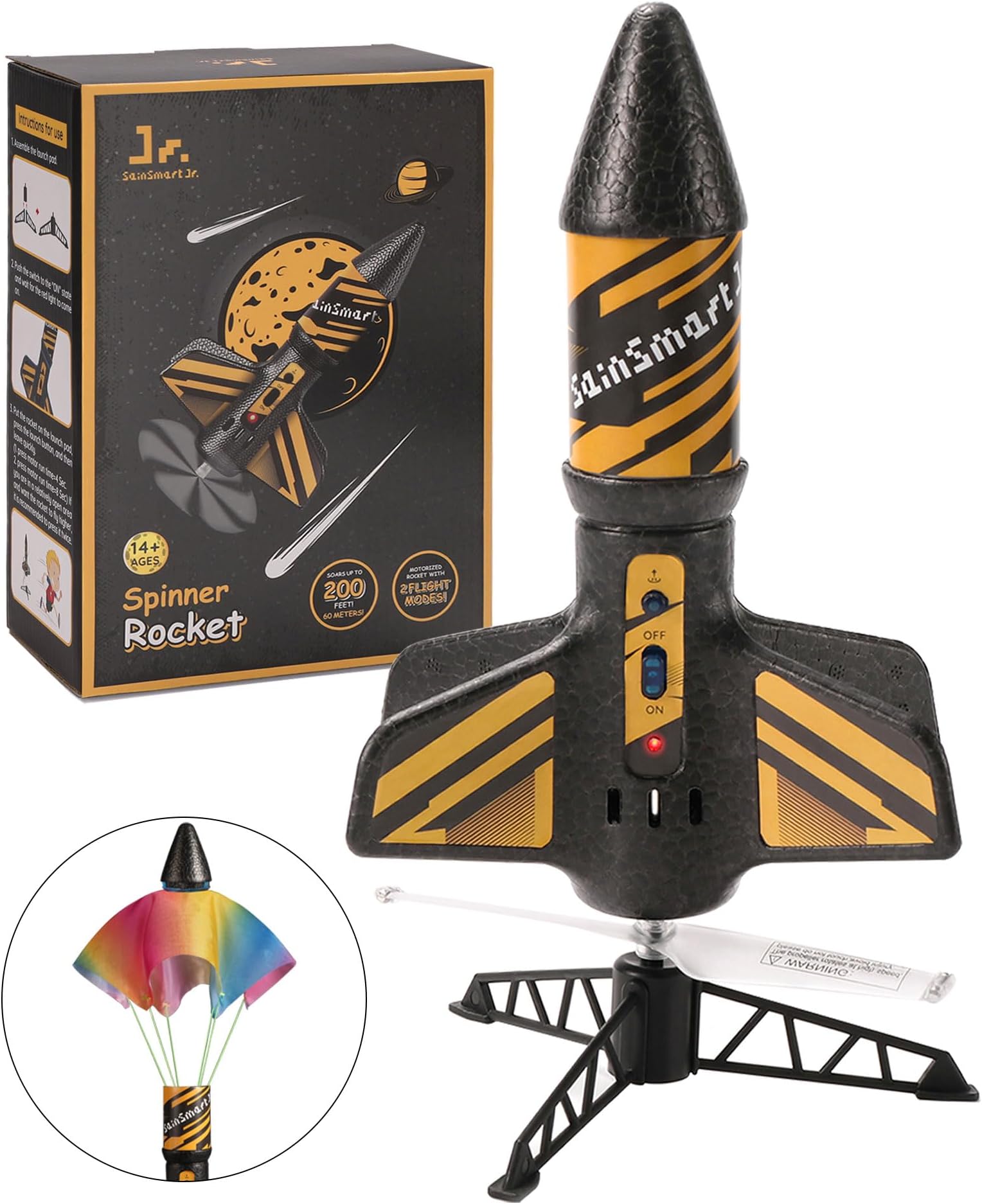 SainSmart Jr. Rocket Toy - Motorised Rocket with Parachute, Launch up to 61 Metres, Outdoor Toy for Children Aged 8-12 (Black)