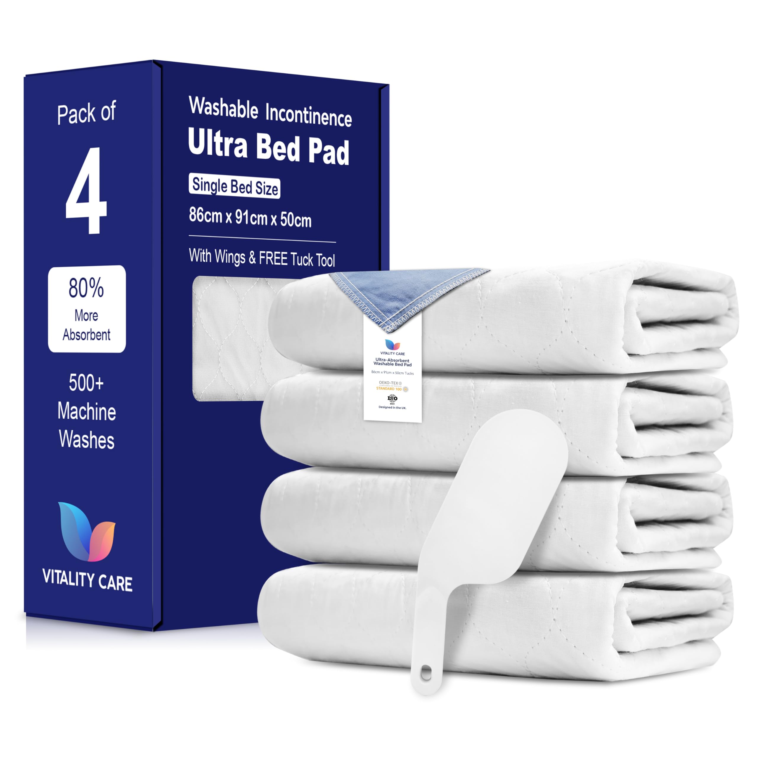 Vitality Care White Washable Incontinence Bed Pads 86X91cm (Pack Of 4) With Tuck-In Flaps, Waterproof Mattress Protector, Water Absorbent Pads, Washable Bed Pads For Incontinence Adults