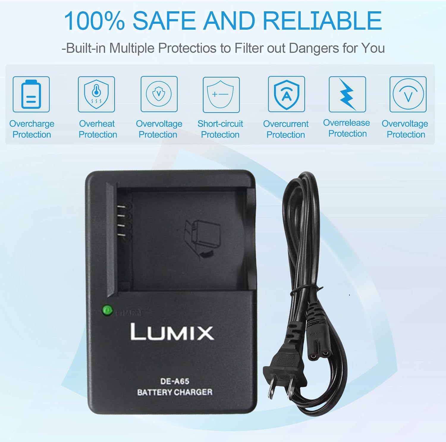 DE-A65 DMW-BCG10 DMW-BCG10E Battery Charger for Panasonic Lumix DMC-ZS1, ZS3, ZS5, ZS6, ZS7, ZS8, ZS10, ZS15, ZS19, ZS20, TZ7, TZ10, TZ19, TZ20, TZ30,ZR1,ZR3 Digital SLR Cameras & 120cm AC Power Cord