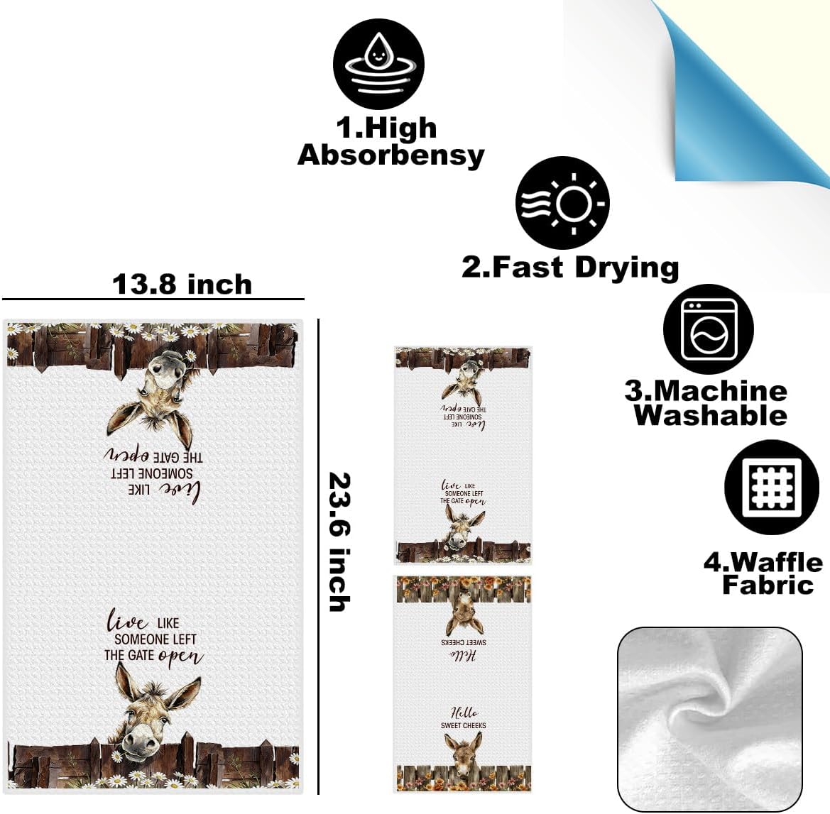 2 Pcs Farmhouse Donkey Kitchen Towels 24x14 Inch, Donkey Waffle Weave Hand Tea Towel for Kitchen Home Bathroom Decor, Farmers Gifts for Women Men Friend, Live Like Someone Left The Gate Open