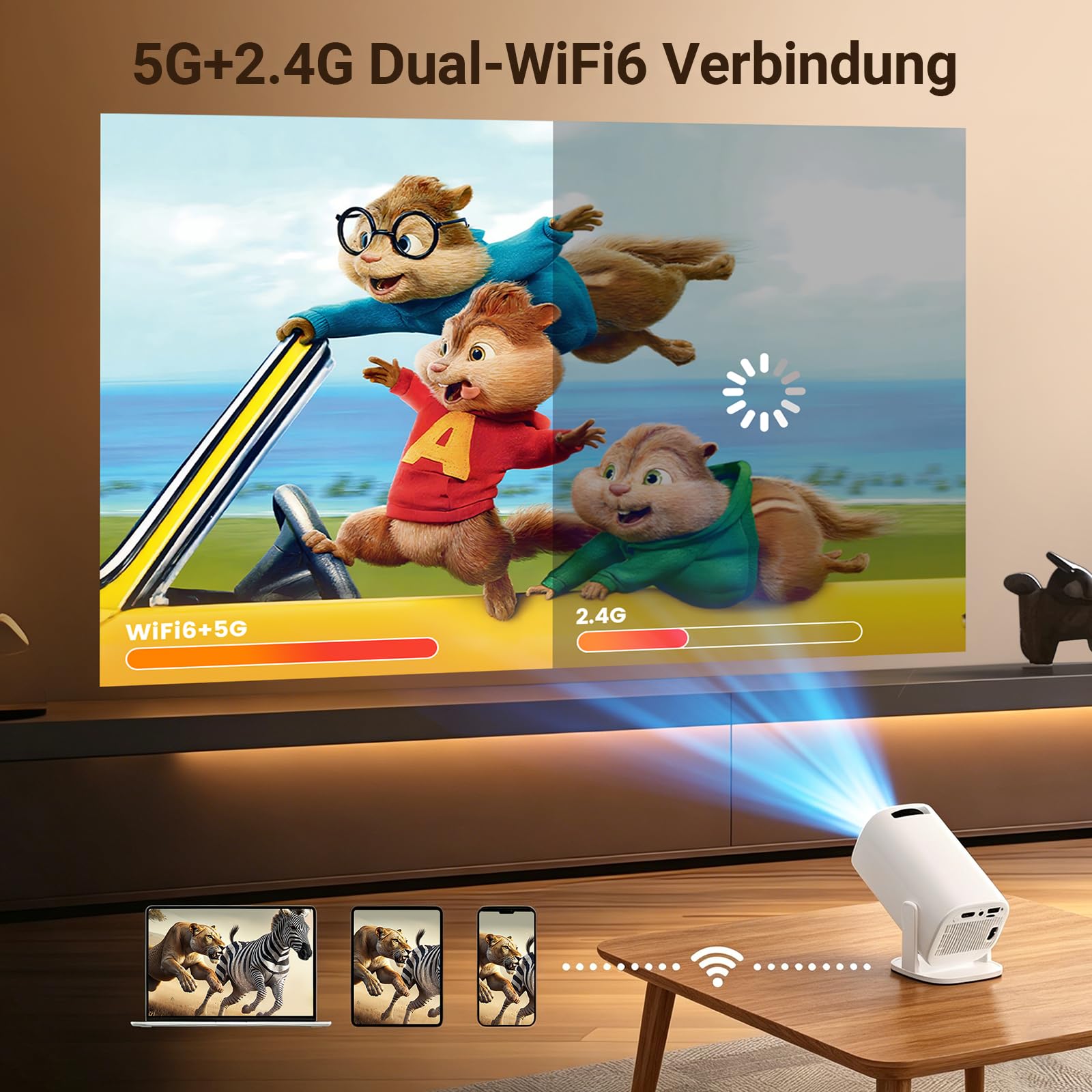 Mini Beamer Unterstützt 4K 1080P,2026 Tragbarer Smart Projektor mit WiFi 6 und BT 5, Automatische Trapezkorrektur, Mini Projektor 180° Drehung Beamer für Heimkino/Outdoor für Handy/HDMI/Laptop