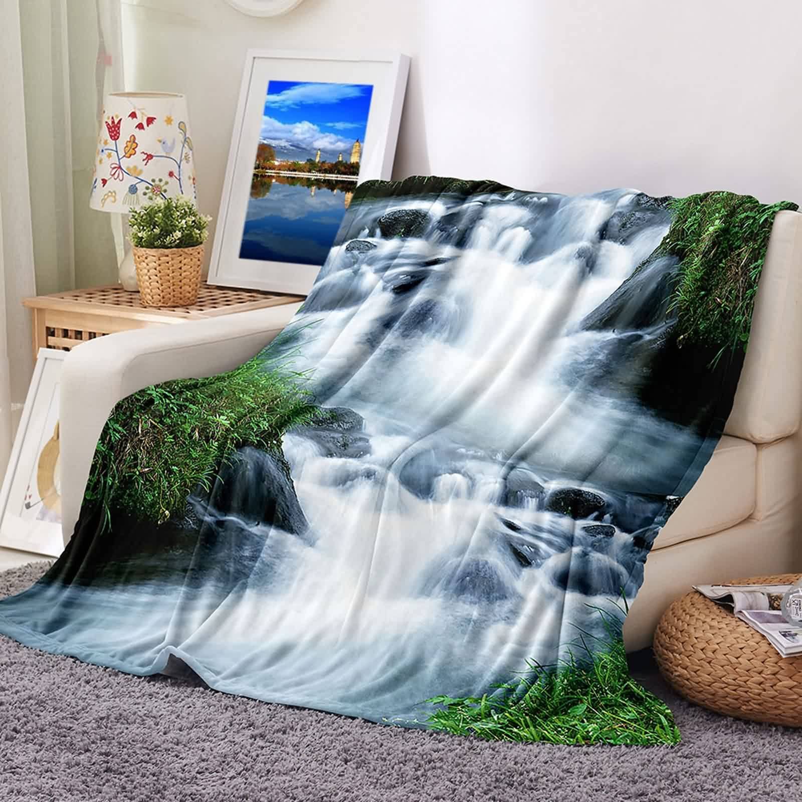 Manta Sofá Forro Polar, Manta Sofa 150x200 Franela Blanco Negro Verde Arroyos de Piedra Blanket Couch Cama Suave Calentita Regalo