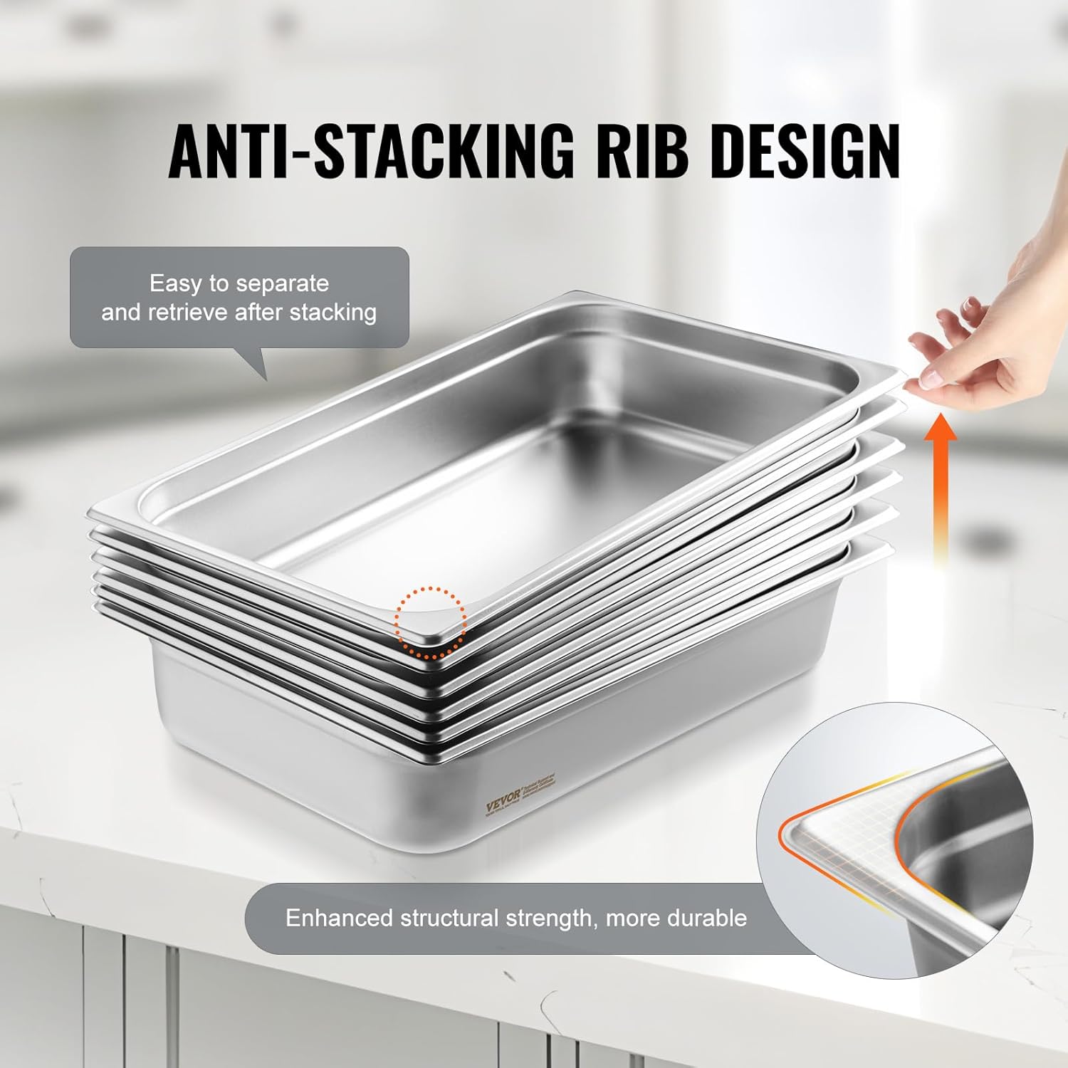 VEVOR 6 Pack Stainless Steel Hotel Pans,Full Size 4 Inch Deep 0.8mm Thick Anti-Jam Commercial Food Pans for Steam Tables, Restaurants, Catering & Industrial Use