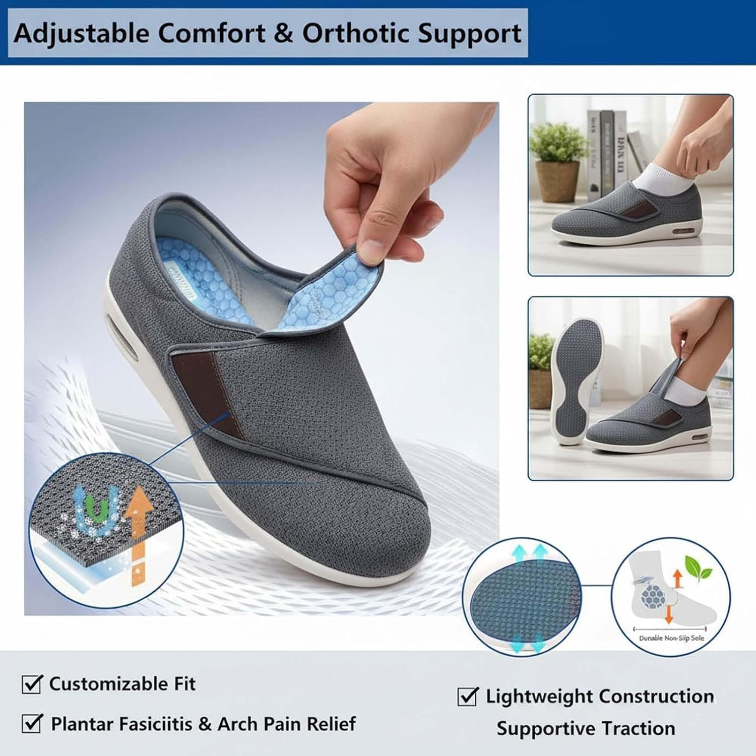 Lightweight Air Cushion Walking Shoes, Adjustable Plus Size Sneakers, Non-Slip Comfortable Footwear, Orthopedic Casual Slippers for Diabetic, Edema, Swollen Feet
