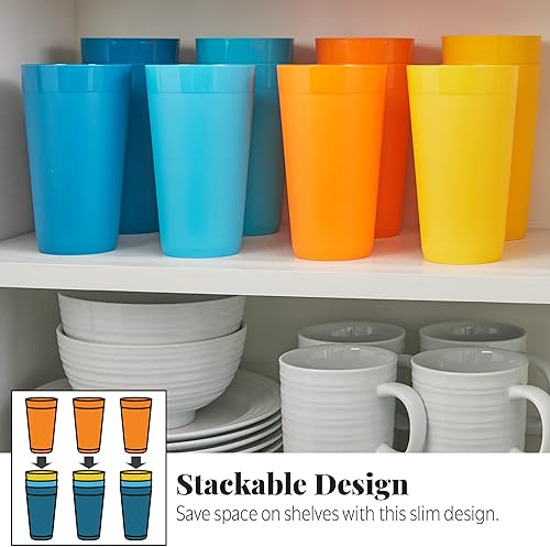 Miniatura 6 de US Acrylic Newport - Vasos de agua apilables de plástico irrompibles de 20 onzas en 4 colores Sunrise juego de 12 vasos para beber reutilizables sin