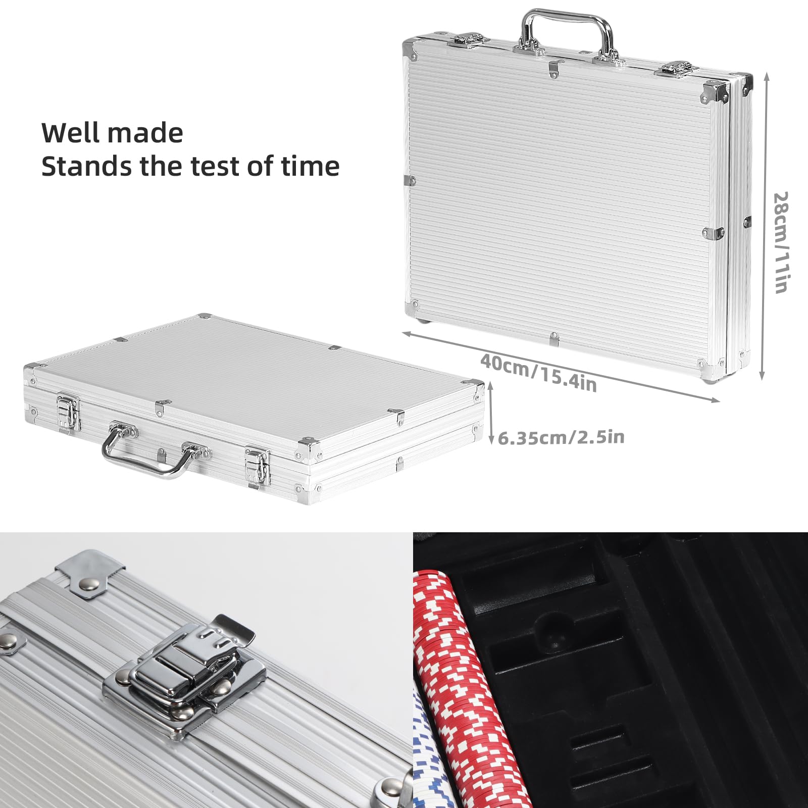 Juego de 500 fichas de póquer para Texas Holdem, Blackjack, torneos con funda de aluminio, 2 barajas de cartas, distribuidor, ciega pequeña, botones ciegos grandes y 5 dados, 11.5 gramos