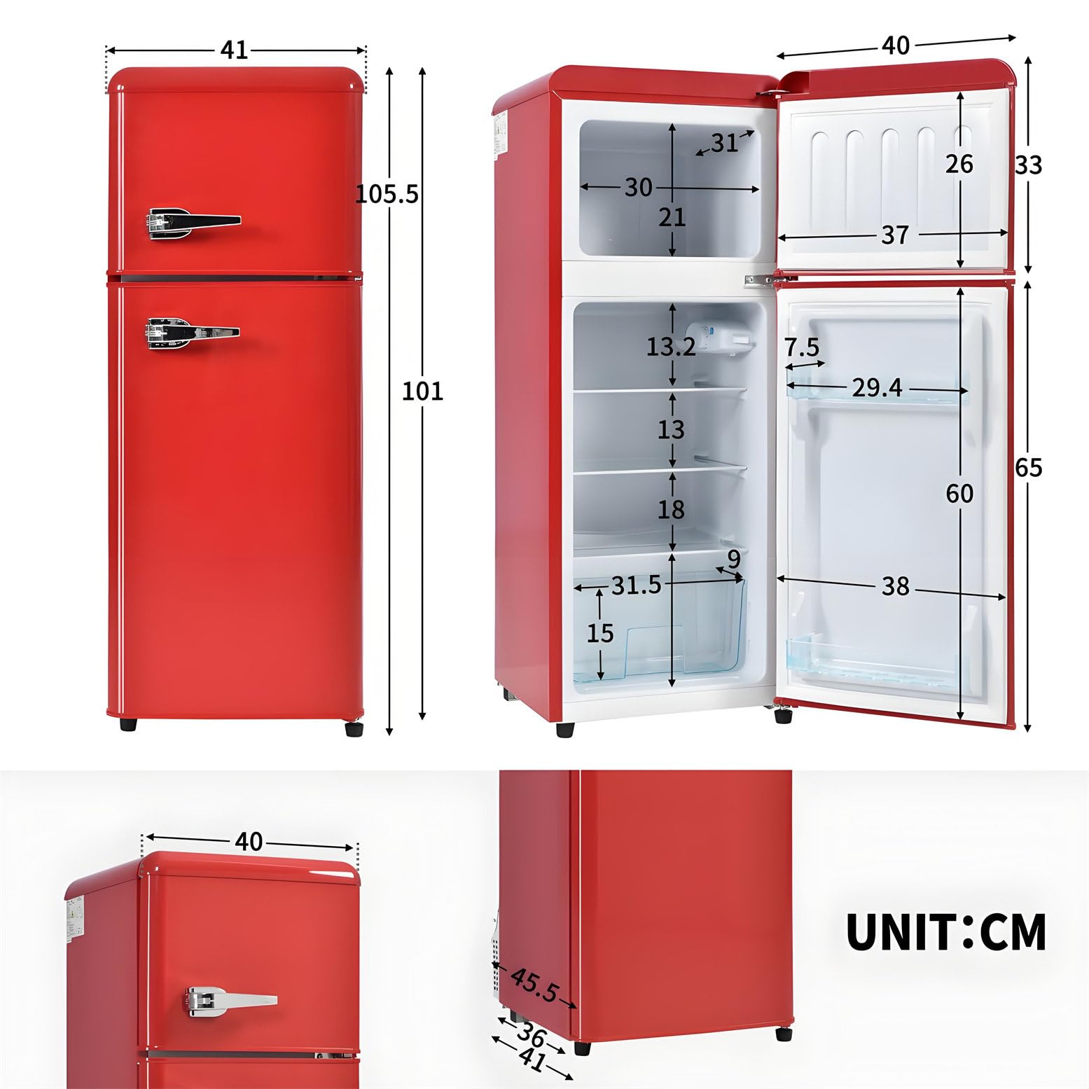 Frigorifero Con Congelatore,Combinazione Frigo-Congelatore,Frigorifero Doppia Porta 92L,Con Congelatore 28L,45Db,LED,Ripiani in Vetro,Cassetto Verdura,Ripiani Nella Porta,116 Kwh/Anno,Red