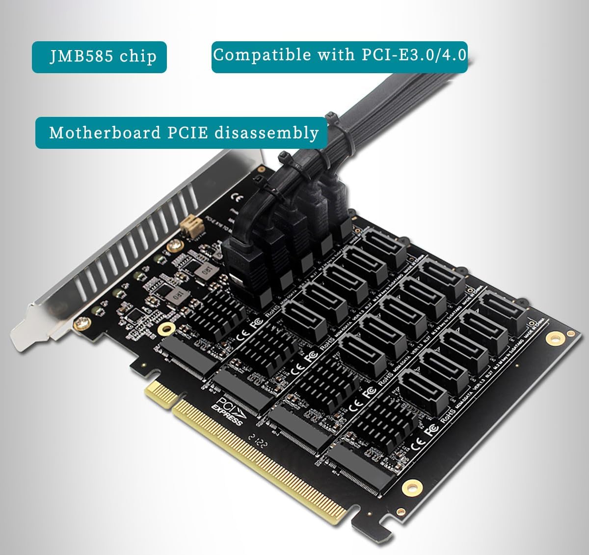 PH44+PH56 PCIE4.0 X16 to 20-Port SATA Adapter NVME M.2 RAID Array Expansion with JMB585 Chip