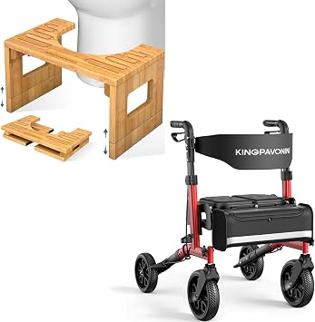 Bamboo Toilet Stool Squat 7in & 9in Adjustable Heights, Walkers for Seniors with Seat, 6-Level Seat & Handle Adjustable