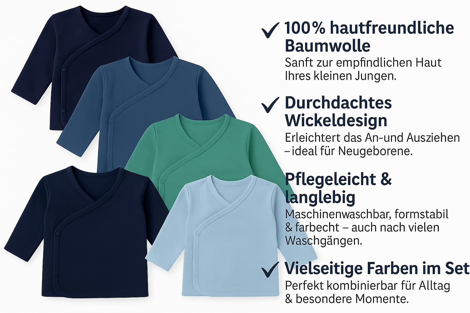 LOREZA® Lot de 5 Cache-cœurs bébé garçon à Manches Longues – 100% Coton – Confortables et faciles à Enfiler