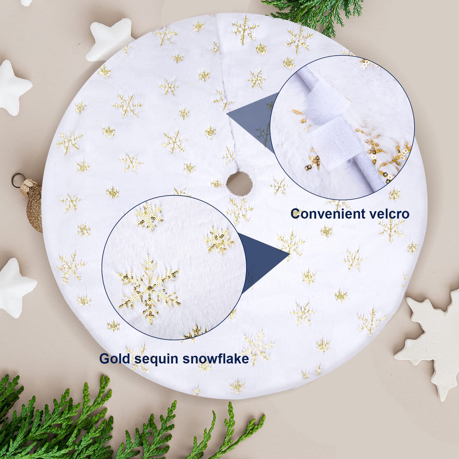 Gonna Per Albero Di Natale In Peluche Bianco – Diametro 78 Cm, Con 6 Fiocchi Rossi, Tessuto Felpato, Facile Montaggio Con Velcro, Decorazione Natalizia