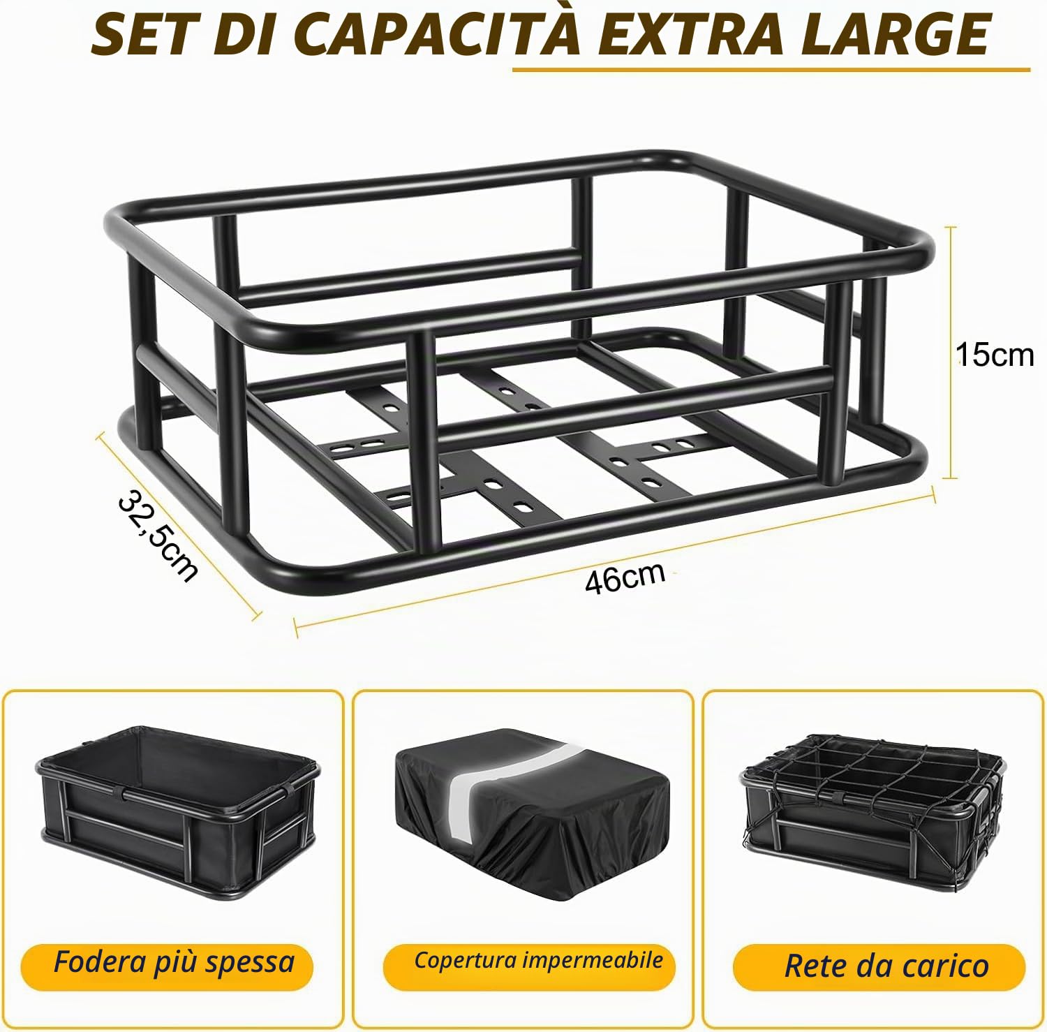 Cestino bicicletta posteriore, Grande cestino posteriore per bicicletta con fodera, Copertura impermeabile e Rete per Bagagli, 46×32×15 cm