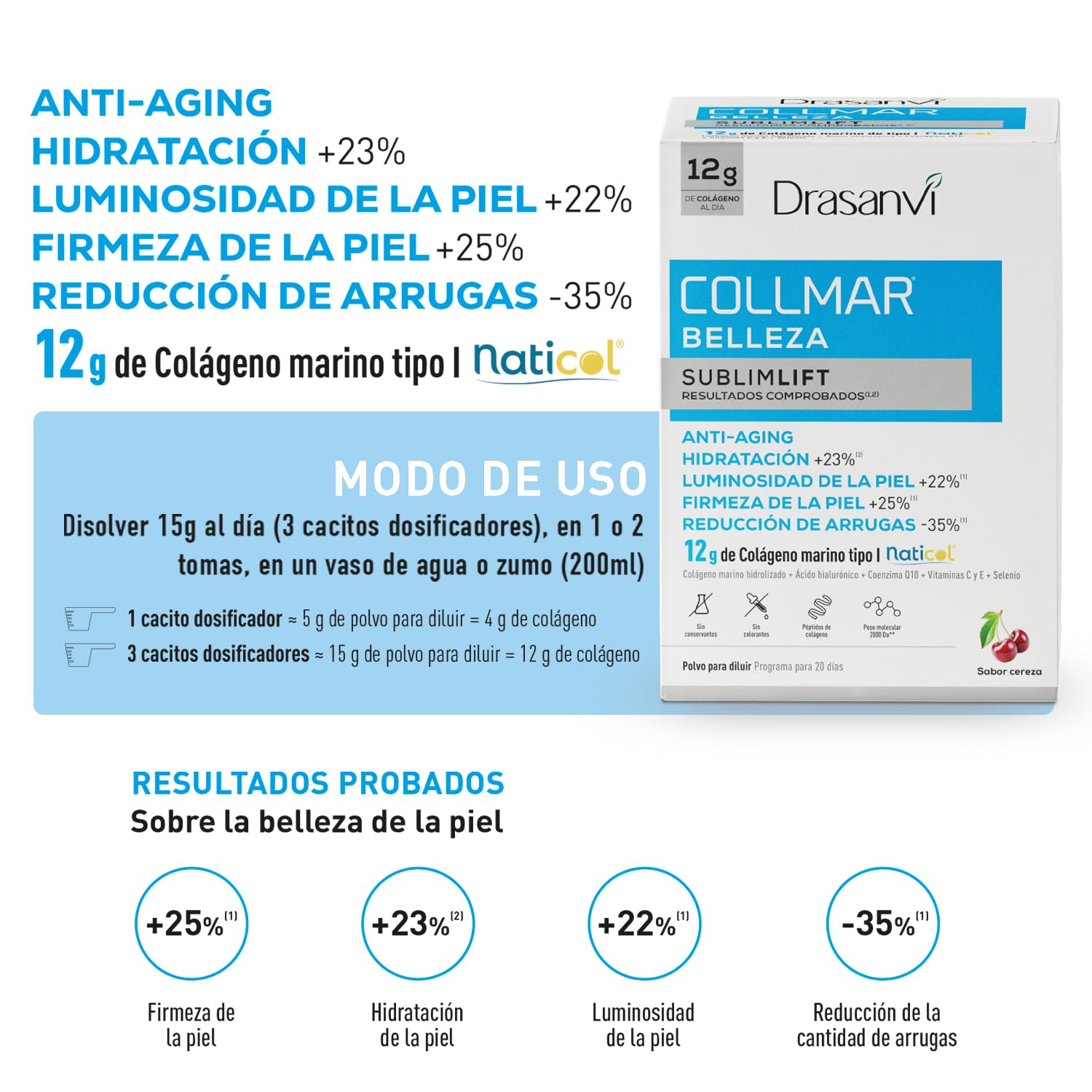 COLLAGENE MARINO BELLEZZA SUBLIMLIFT | Collmar 12 gr Collagene Idrolizzato Puro| Collagene e Acido Ialuronico, Coenzima Q10 +Vitamine | Pelle Soda, Idratata e Senza Rughe | Gusto Ciliegia | 300g