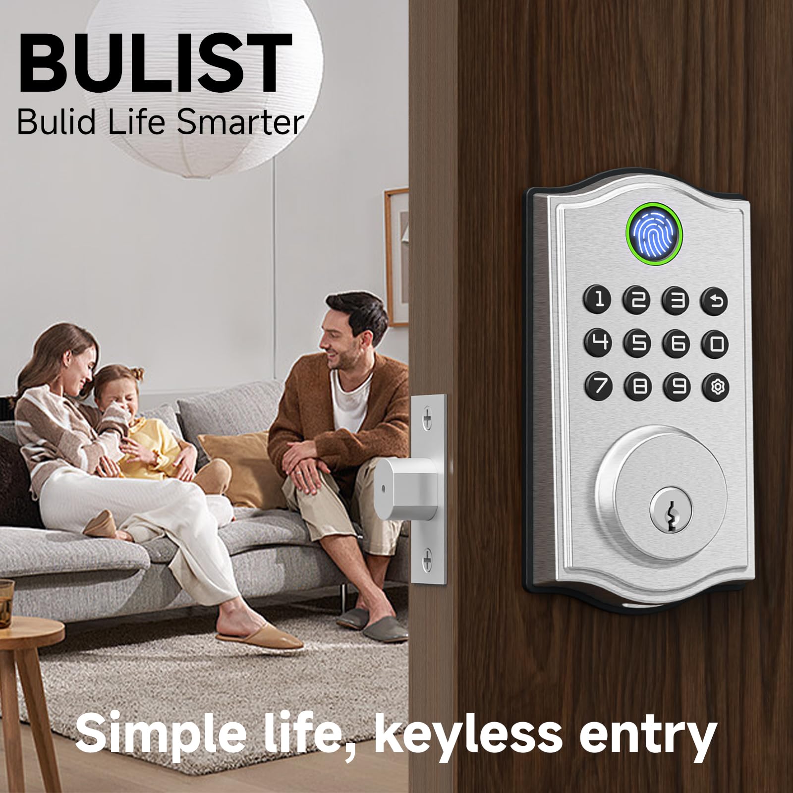 BULIST UD03F Fingerprint Smart Lock for Front Door, Keyless Entry Deadbolt, 4-Language Voice Guide, Backlit Keypad, Auto Lock, Easy to Install