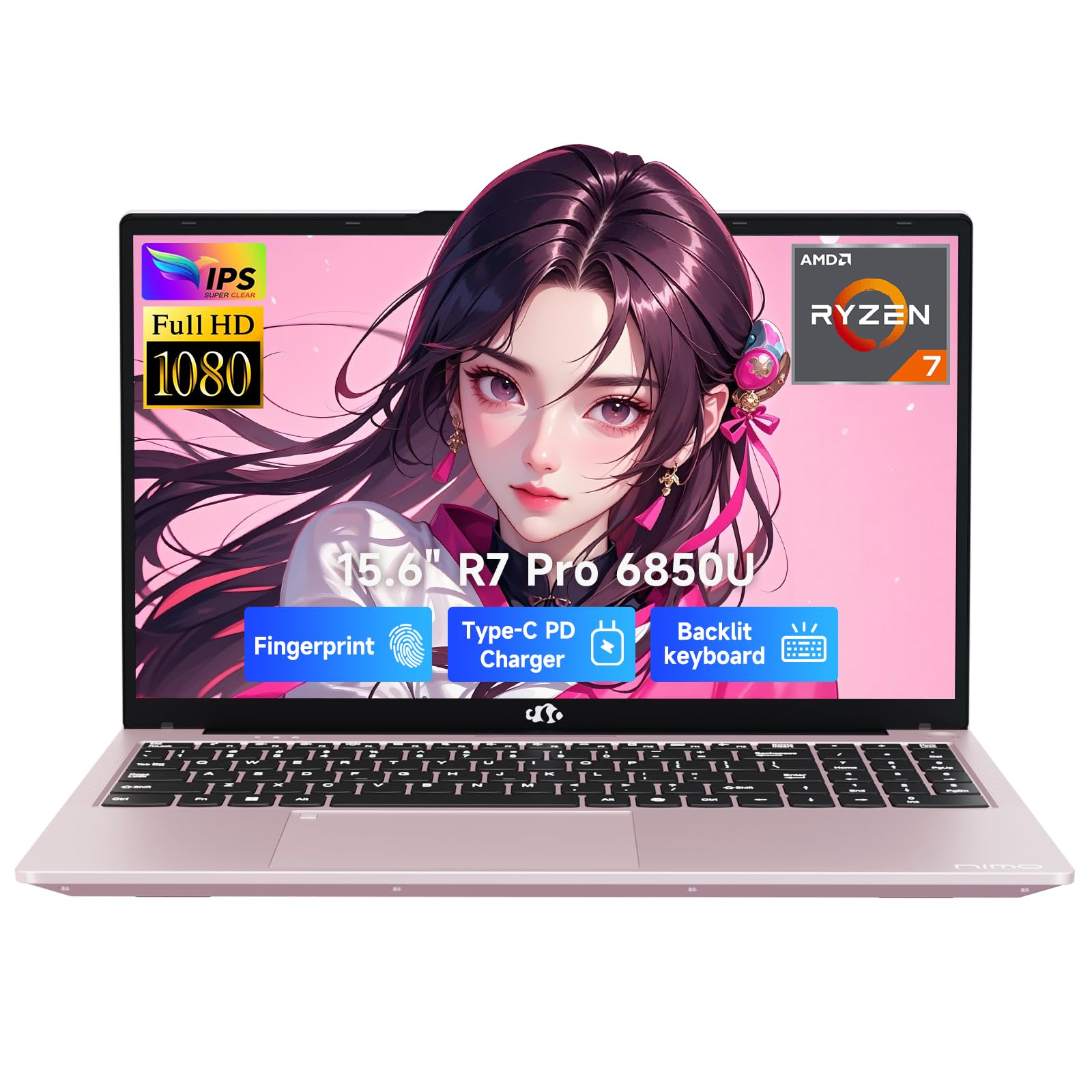 NIMO 15.6" Light-Gaming-Laptop, 8 Cores AMD Ryzen 7 Pro 6850U 16GB LPDDR5 RAM 256GB SSD (Beat i7-1360P Up to 4.7GHz) AMD Radeon 680M GPU IPS FHD Computer with 100W Type-C Backlit Keyboard Fingerprint