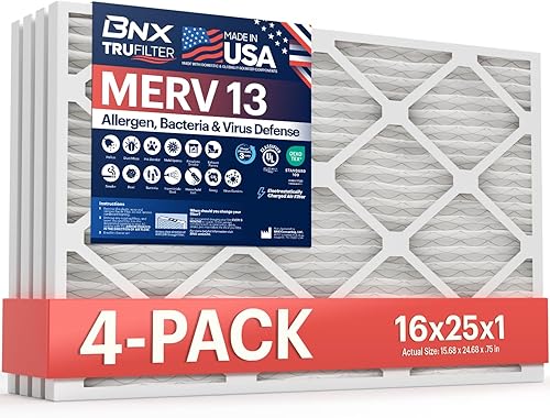 BNX Paquete de 4 filtros de aire MERV 13 de 16 x 25 x 1 pulgadas, fabricados en Estados Unidos, filtros de aire acondicionado electrostáticos