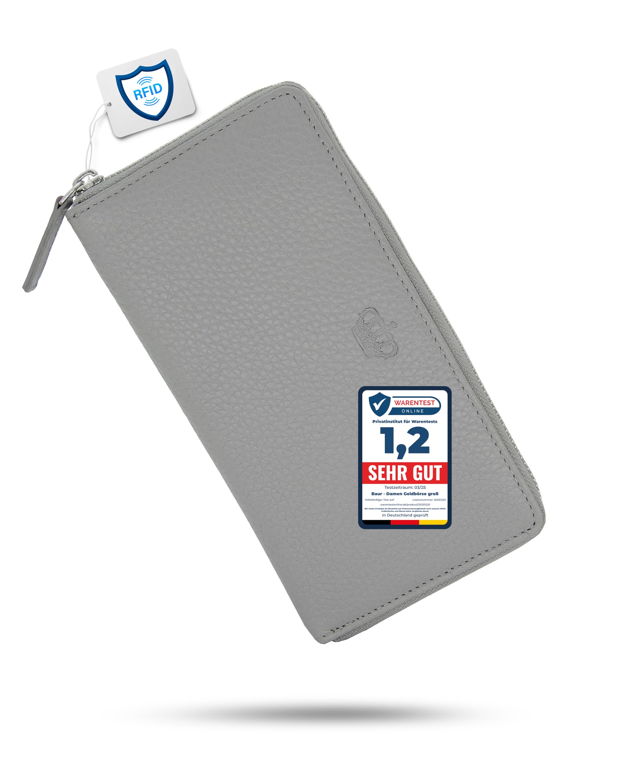 Baur - Cartera de piel auténtica para mujer | Cartera con protección RFID | Cartera grande con muchos compartimentos para tarjetas | Cremallera completa | Monedero para mujer, gris, 19,7x10x2,5 cm