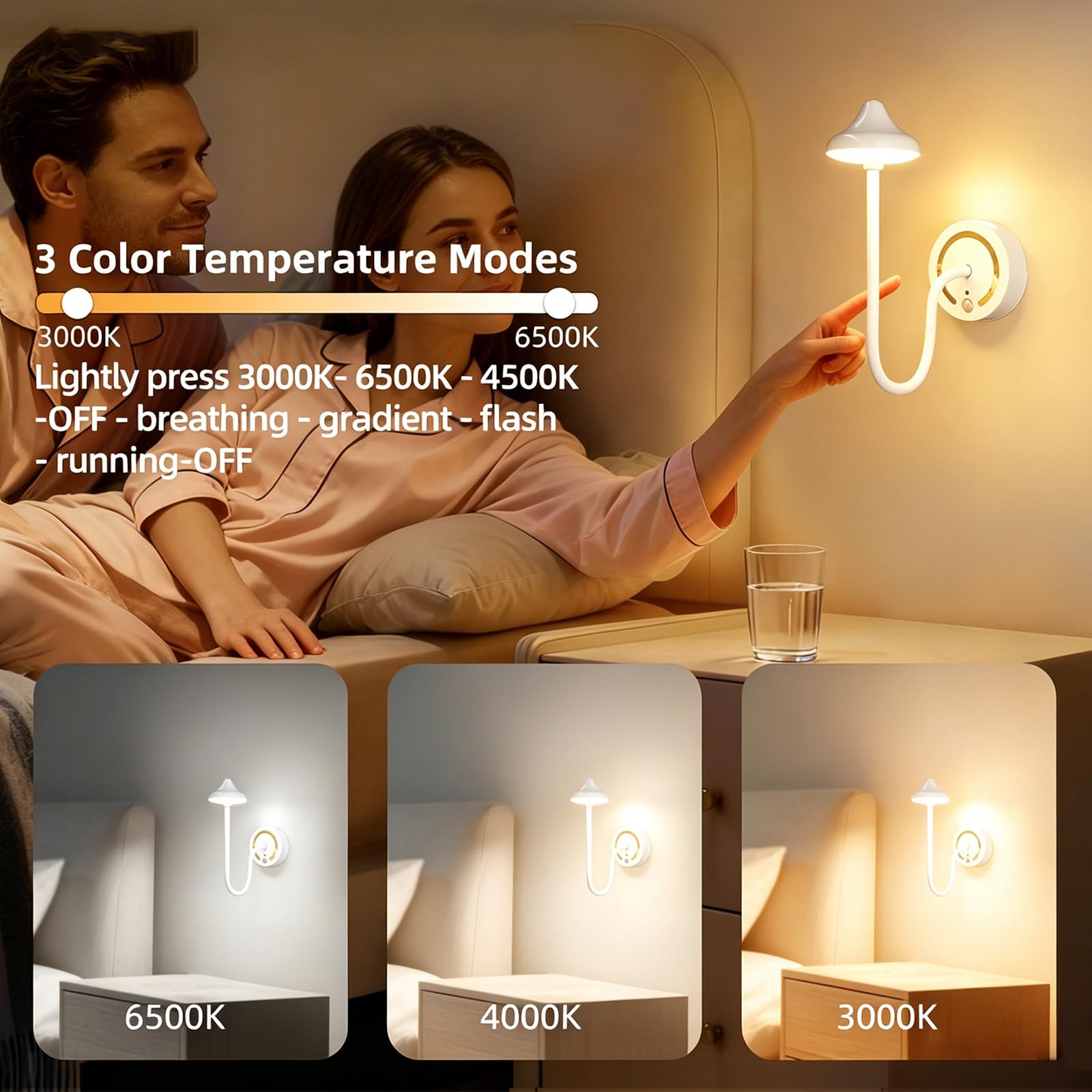 Akumulatorowe lampy ścienne LED, ściemniane, trójkolorowe, ładowane przez USB, oświetlenie ścienne z czujnikiem ruchu, wychylne, magnetyczne, na klatkę schodową, do salonu, korytarza, sypialni