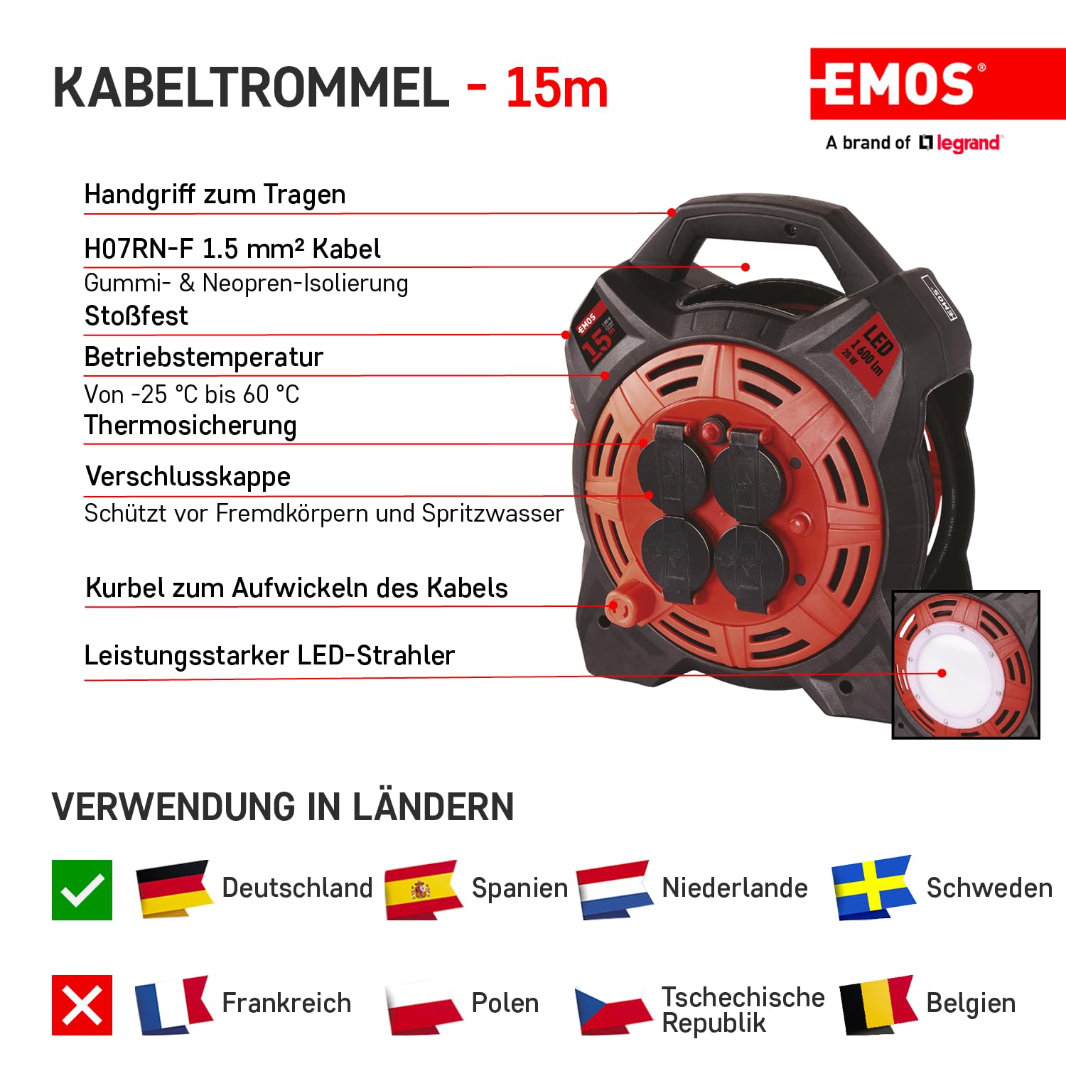 EMOS - Kabeltrommel 15m mit LED-Strahler - 4 Schuko-Steckdosen - wasserdicht, schlagfest, hitze- & kältebeständig - 230 V, 13 A, 3000 W - H07RN-F3G 1,5 mm2 - IP44 für Außenbereich