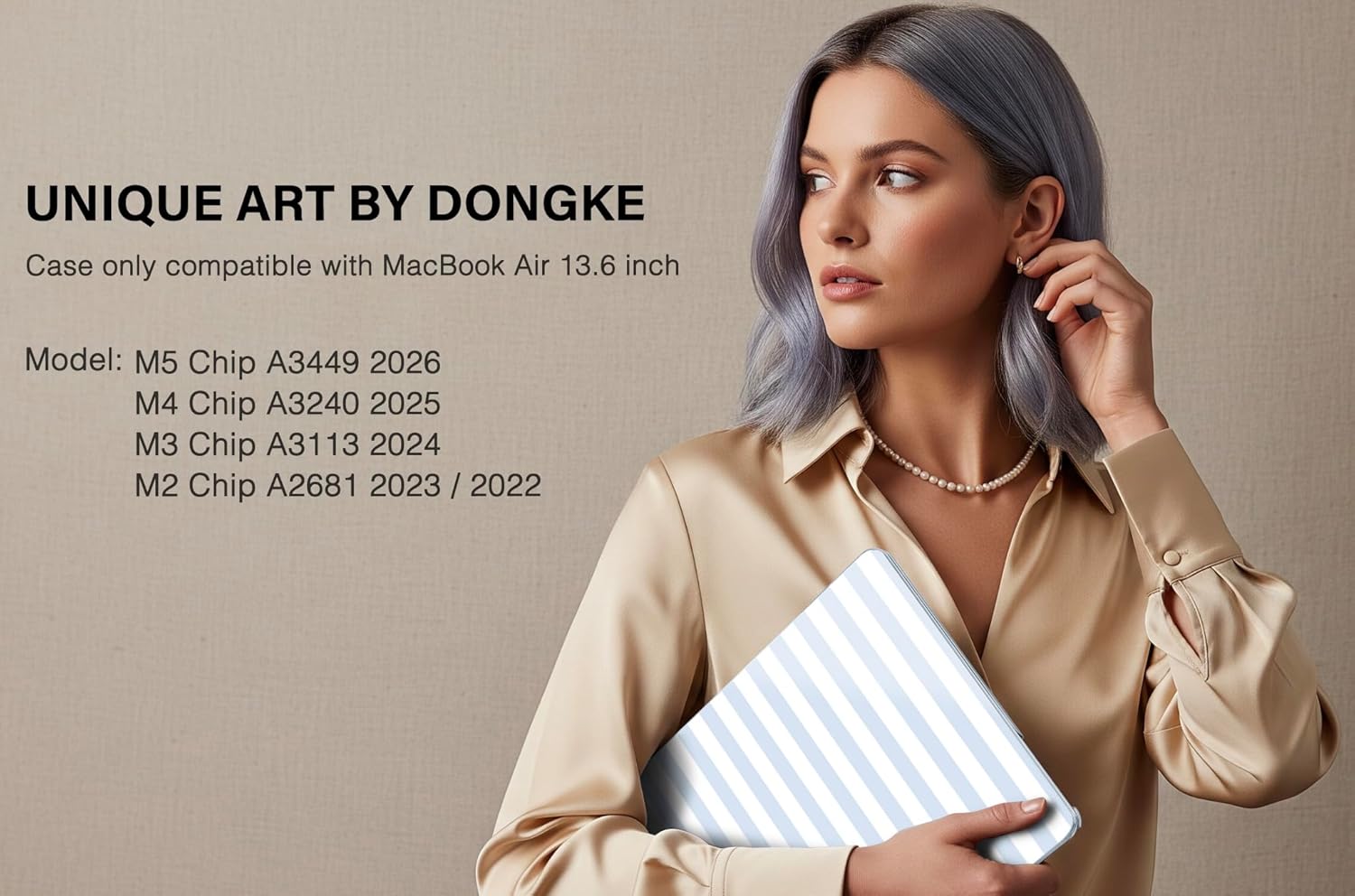 DONGKE for MacBook Air 13 Inch (13.6 Inch) Case, M5/M4/M3/M2 Chip 2026 2025 2024 2023 2022, Hard Plastic Printed Cover with Screen Protector & Keyboard Cover & Dust Plugs, Blue & White Stripes