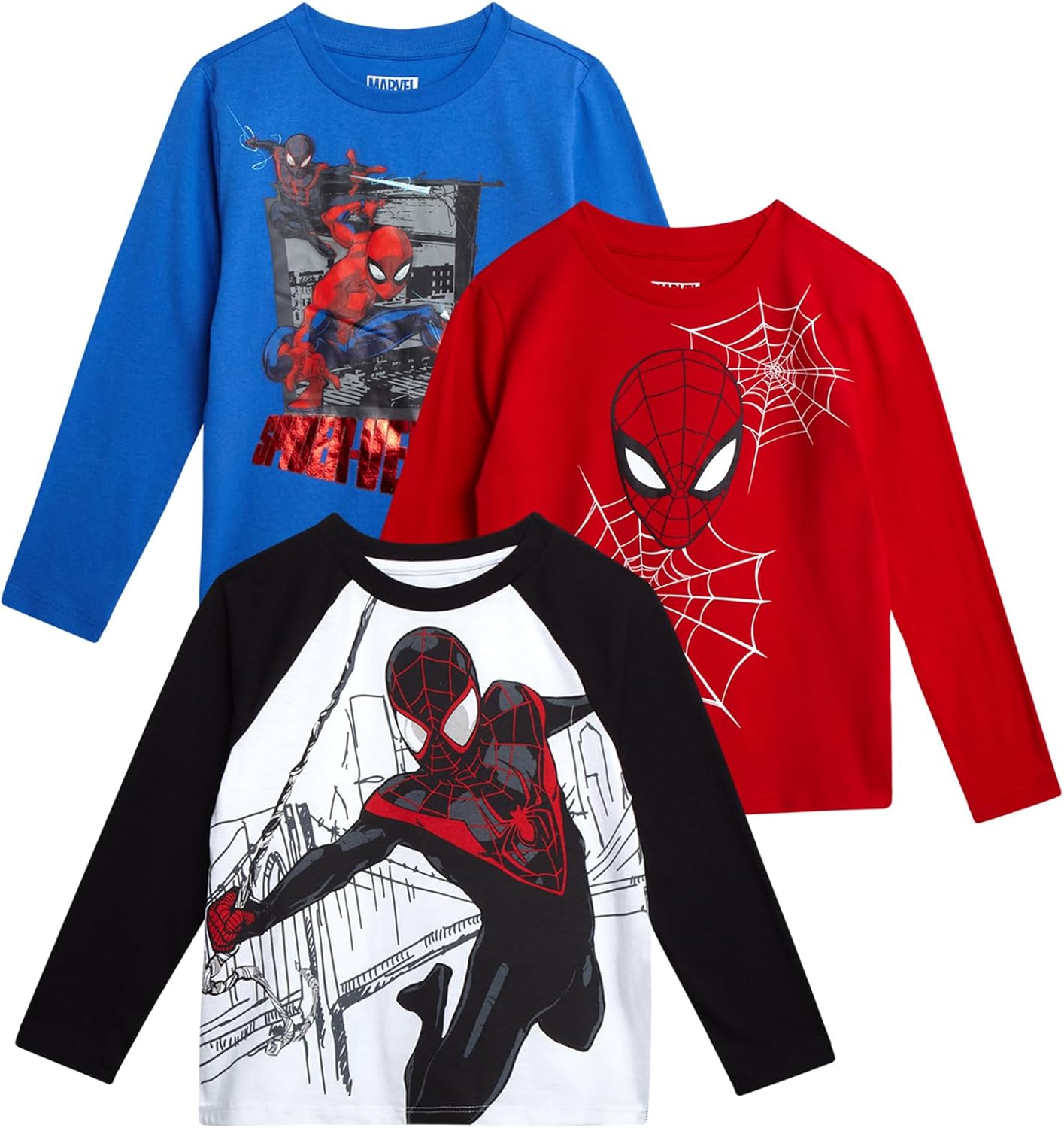 Marvel Spiderman Boys Shirts - 3 Pack Avengers Spidey and Friends Long Sleeve Graphic Tees for Toddler Little Boys and Kids