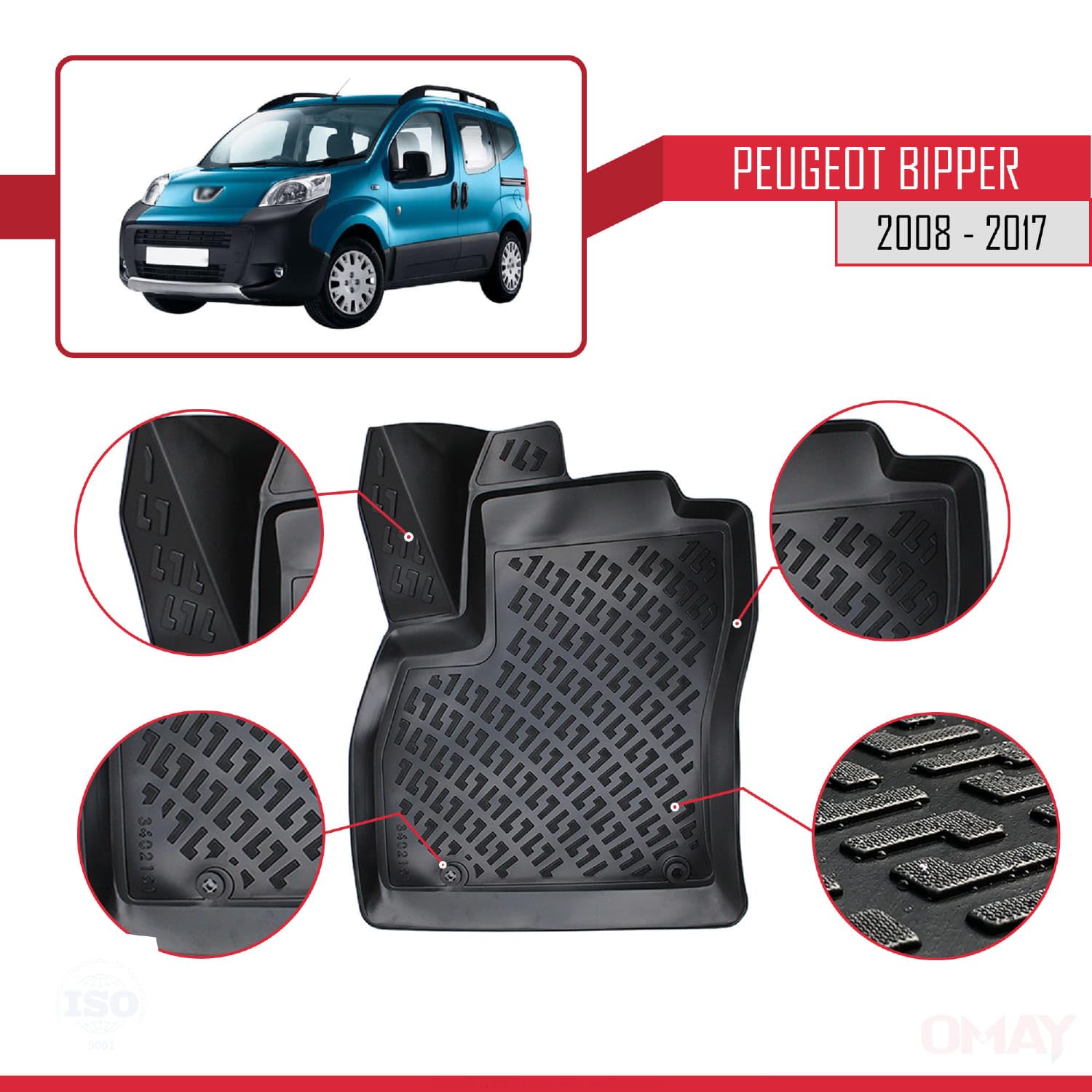 RE&AR Tuning Dywaniki samochodowe do Peugeot Bipper 2008-2021 dywaniki gumowe bezwonne czarne 4D błoto ochrona wodoszczelne dostosowane do konkretnego pojazdu