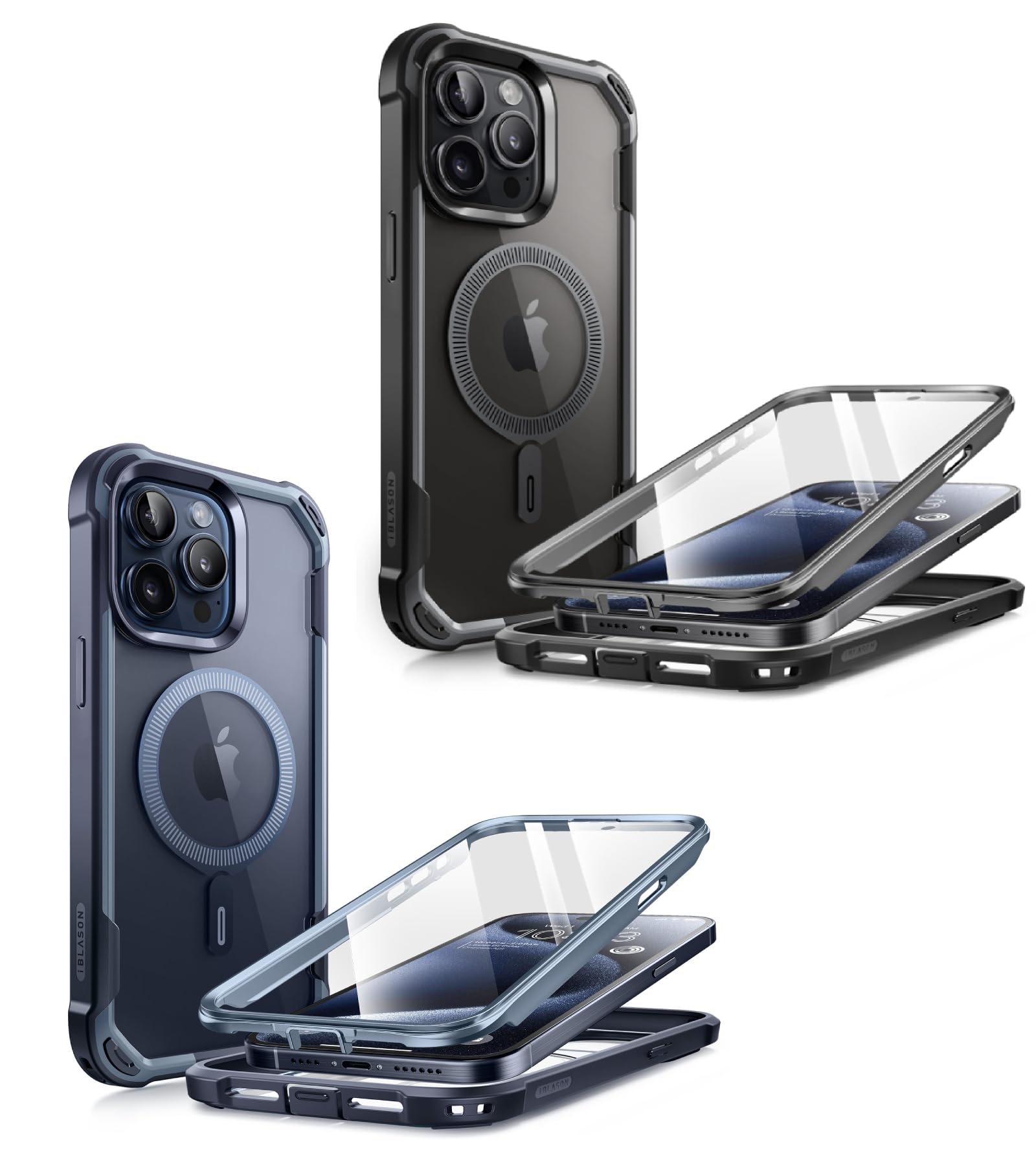 i-Blason Ares Mag for iPhone 15 Pro Case 2 Pack, [Compatible with MagSafe] Dual Layer Rugged Clear Bumper Case with Built-in Screen Protector (Black & Navy)