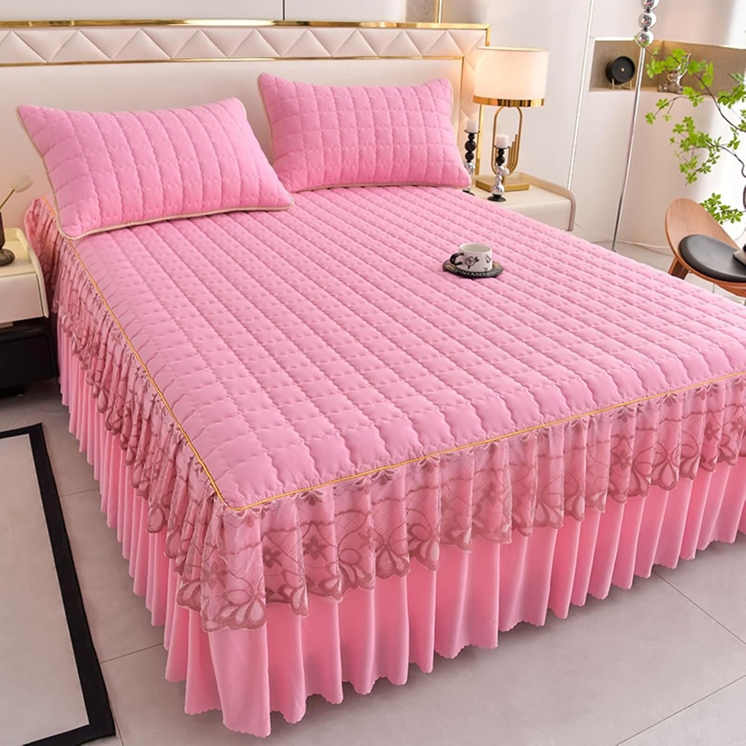 Beydodo Bed Skirt 48 x 78 inch, Bed Fitted Sheet Pink with Embroidered Lace, Polycotton Mattress Protector 120x200cm