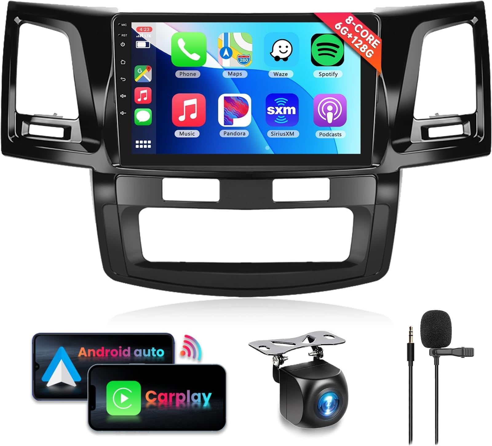 8 Core+6G+128G Car Radio Stereo for Toyota HILUX 2005-2014, Wireless Carplay Android Auto, 9 Inch IPS Touchscreen with WiFi, GPS, Bluetooth,FM/RDS, 32EQ DSP, HD Rear Camera