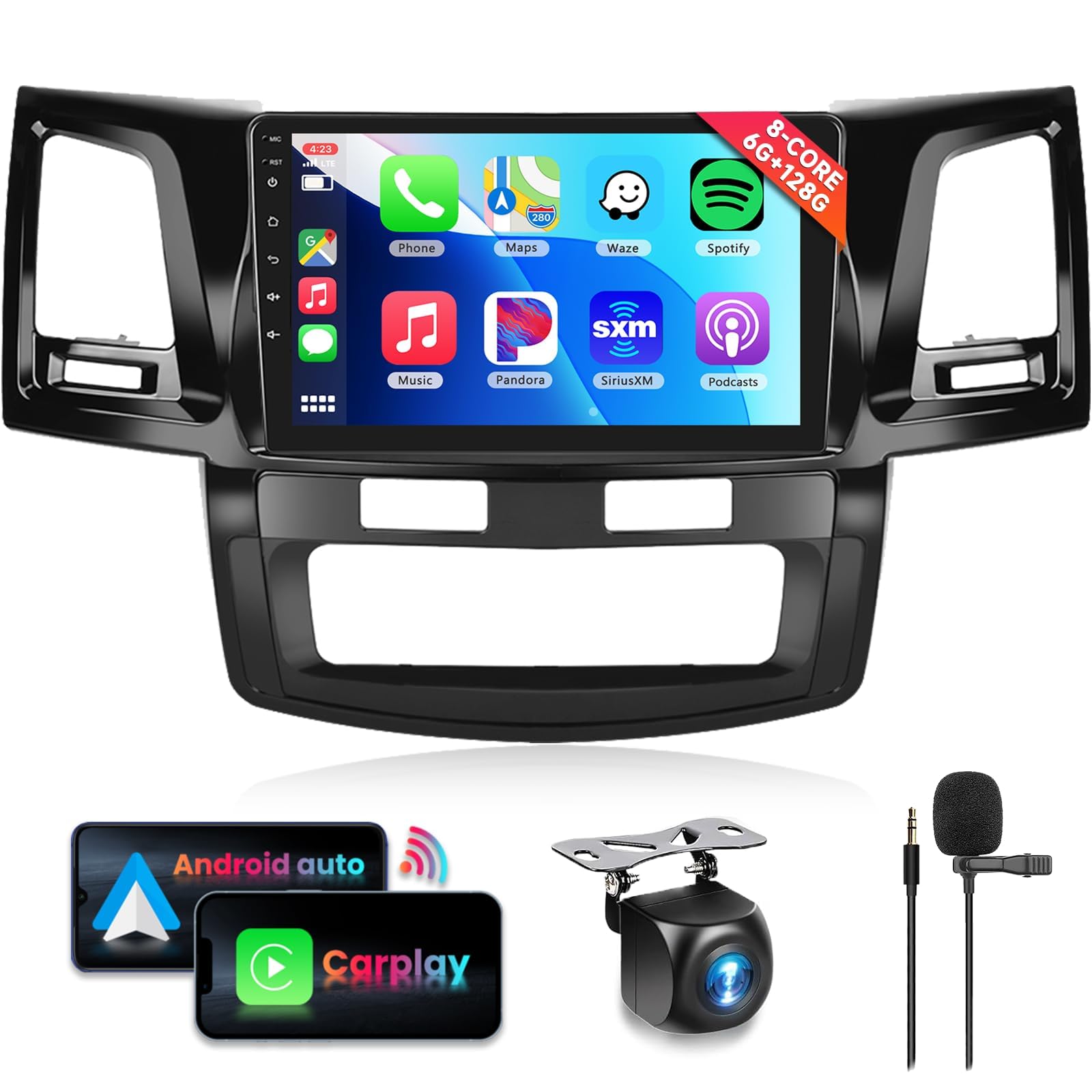 8 Core+6G+128G Car Radio Stereo for Toyota HILUX 2005-2014, Wireless Carplay Android Auto, 9 Inch IPS Touchscreen with WiFi, GPS, Bluetooth,FM/RDS, 32EQ DSP, HD Rear Camera