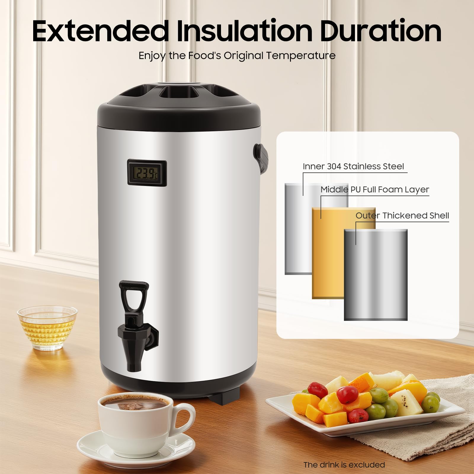 Distributore di bevande isolato in acciaio inossidabile 304 con beccuccio per bevande calde e fredde, ideale per caffè, tè, acqua e feste, capacità 6,3 litri