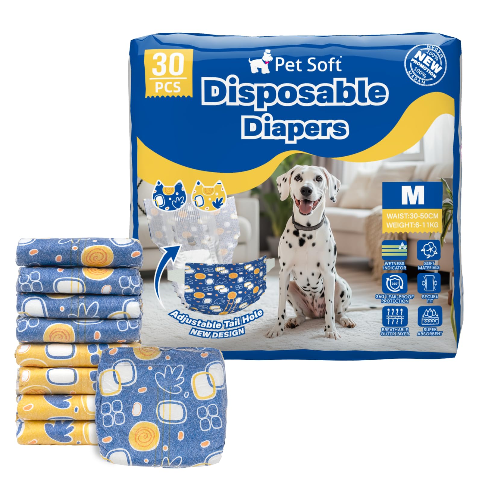 Pet Soft Dog Nappies Female - 30 Count Disposable Dog Diapers Female Medium, Super Absorbent Period Pants for Girl Dogs in Season/Incontinence with Wetness Indicator