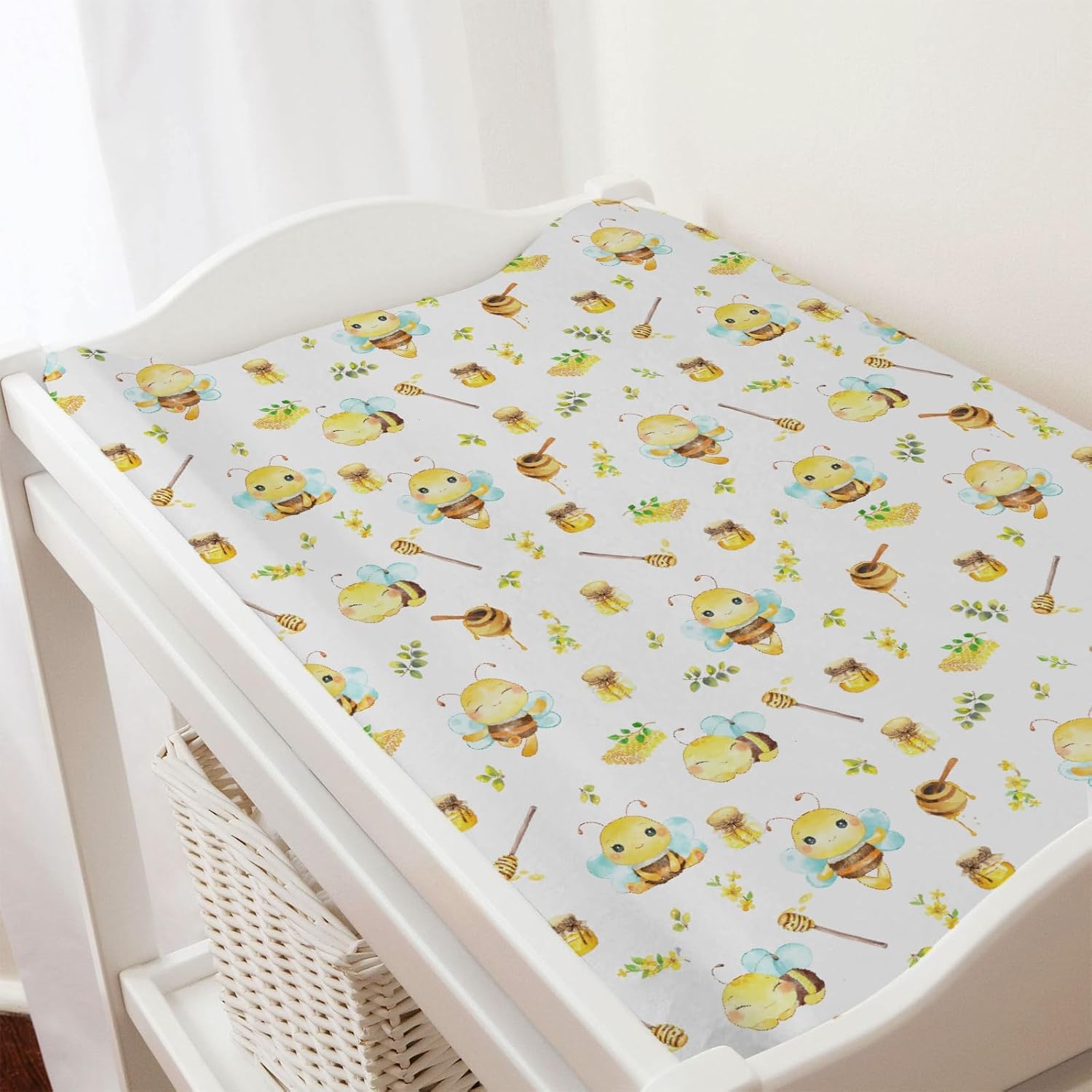Cartoon Bees Boho Leaves Honey Changing Pad Covers for Baby Boy Girl 32''x16'' Bees Retro Floral Fitted Changing Pad Sheets Bees Comfort Soft Breathable Baby Diaper Changing Table Mats