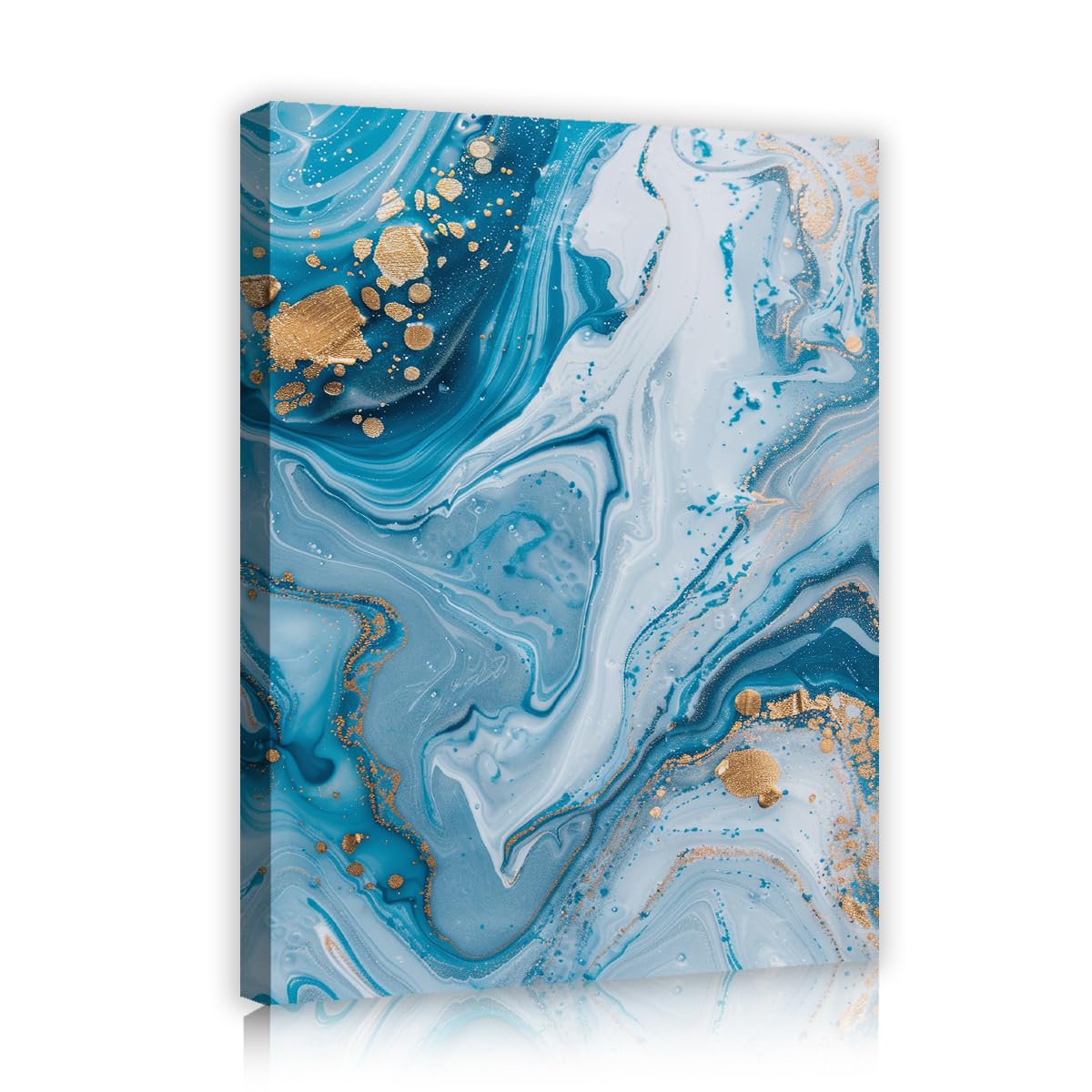 TOANGWALL Abstract Teal Cyan Canvas Wall Art Gold Color Splashes Print Modern Turquoise Liquid Marble Swirls Pattern Framed Mural Pictures for Living Room Bed Office Decor 50x60cm