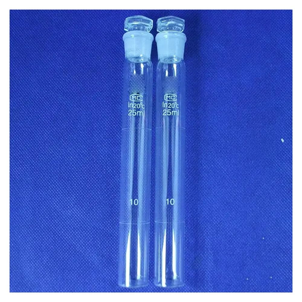 Cristalería de Laboratorio Lote de 12 cubetas de vidrio de 25 ml graduadas con tapón y fondo plano.